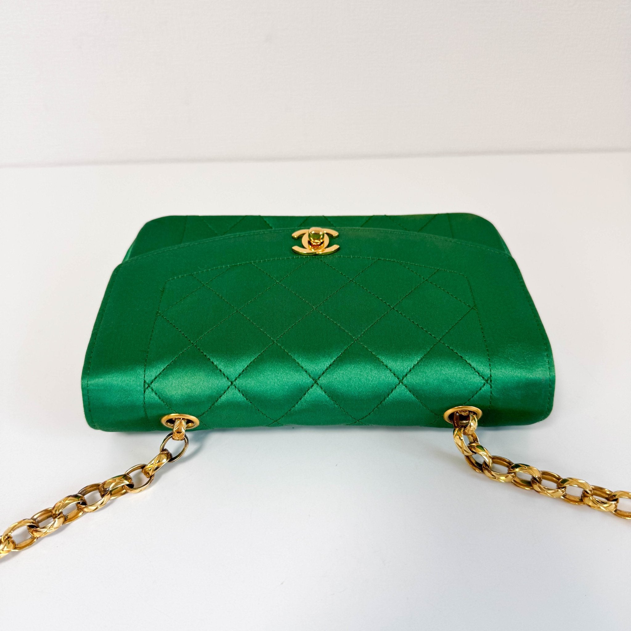CHANEL Diana Flap Green Satin Bijou Chain Shoulder Bag, in , Sold by HIVE PRELOVED - Crossbody bags, Shoulder Bags,