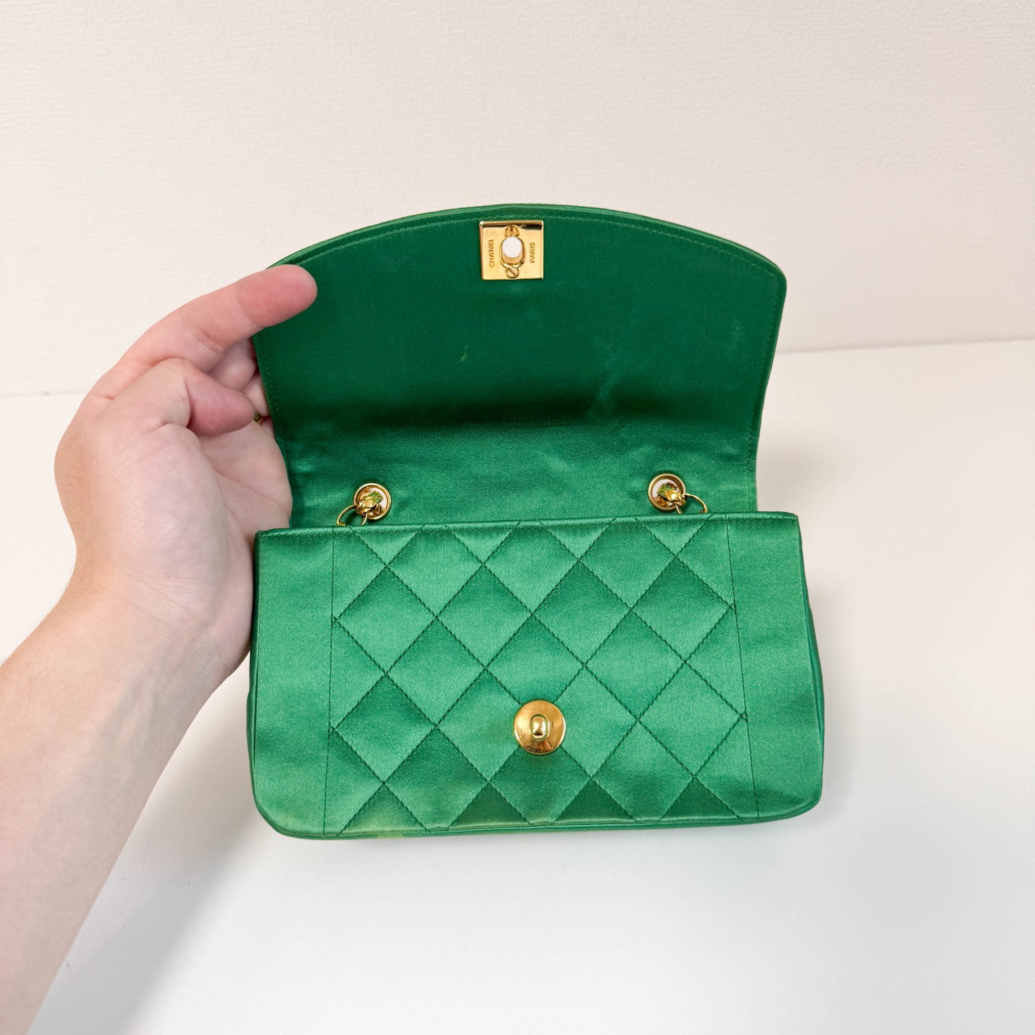 CHANEL Diana Flap Green Satin Bijou Chain Shoulder Bag, in , Sold by HIVE PRELOVED - Crossbody bags, Shoulder Bags,