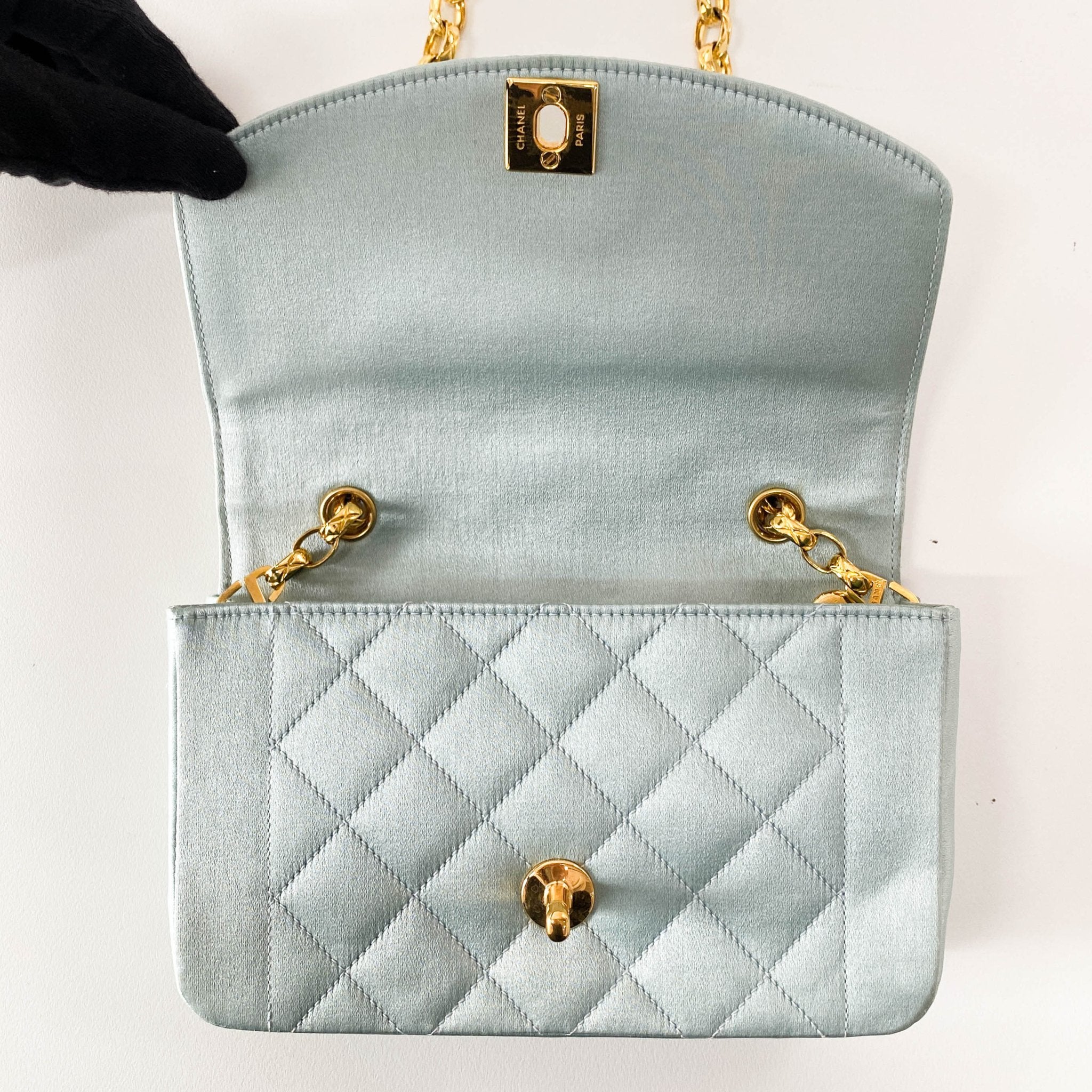 CHANEL Diana Flap Light blue Satin Bijou Chain Shoulder Bag, in , Sold by HIVE PRELOVED - Shoulder Bags, ,