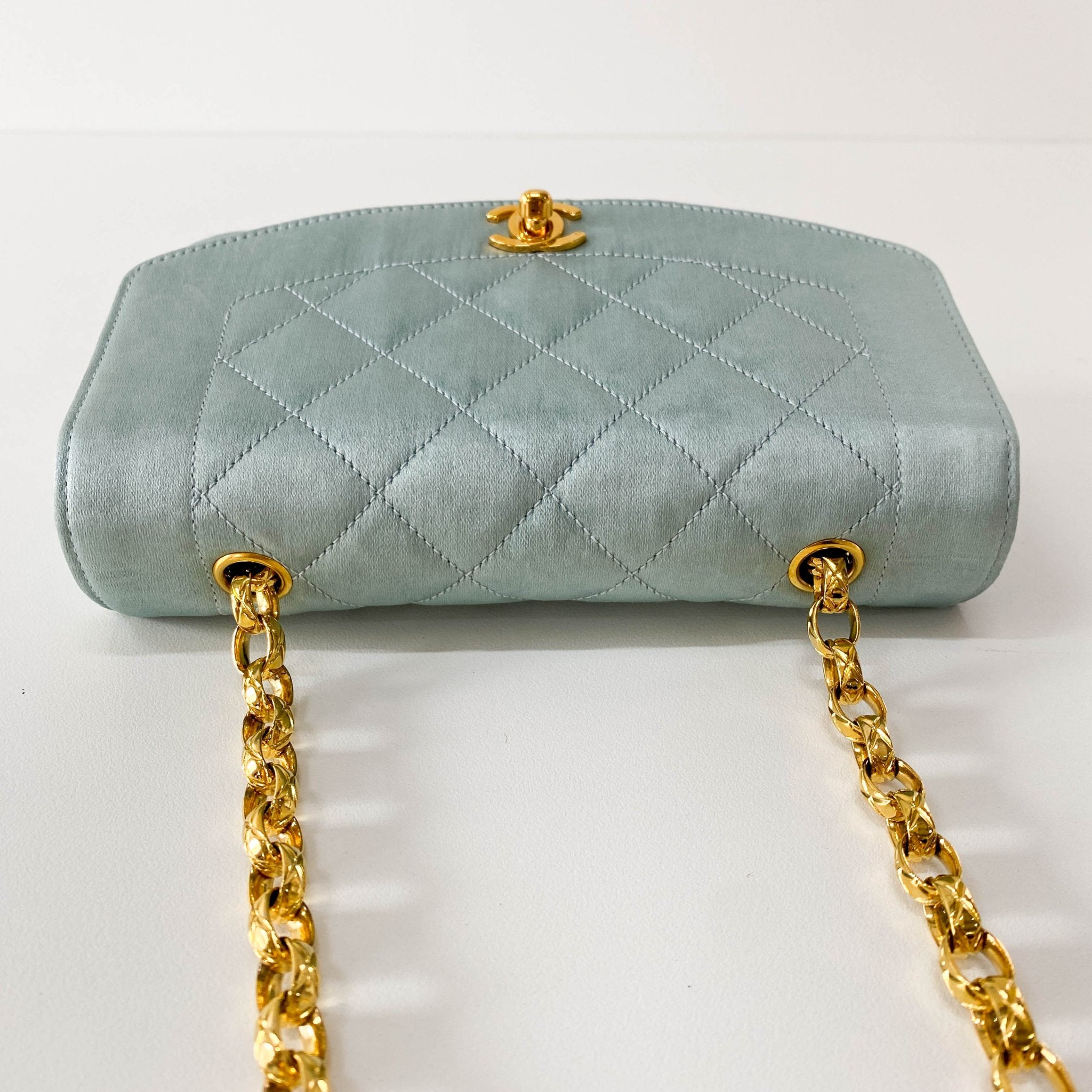 CHANEL Diana Flap Light blue Satin Bijou Chain Shoulder Bag, in , Sold by HIVE PRELOVED - Shoulder Bags, ,