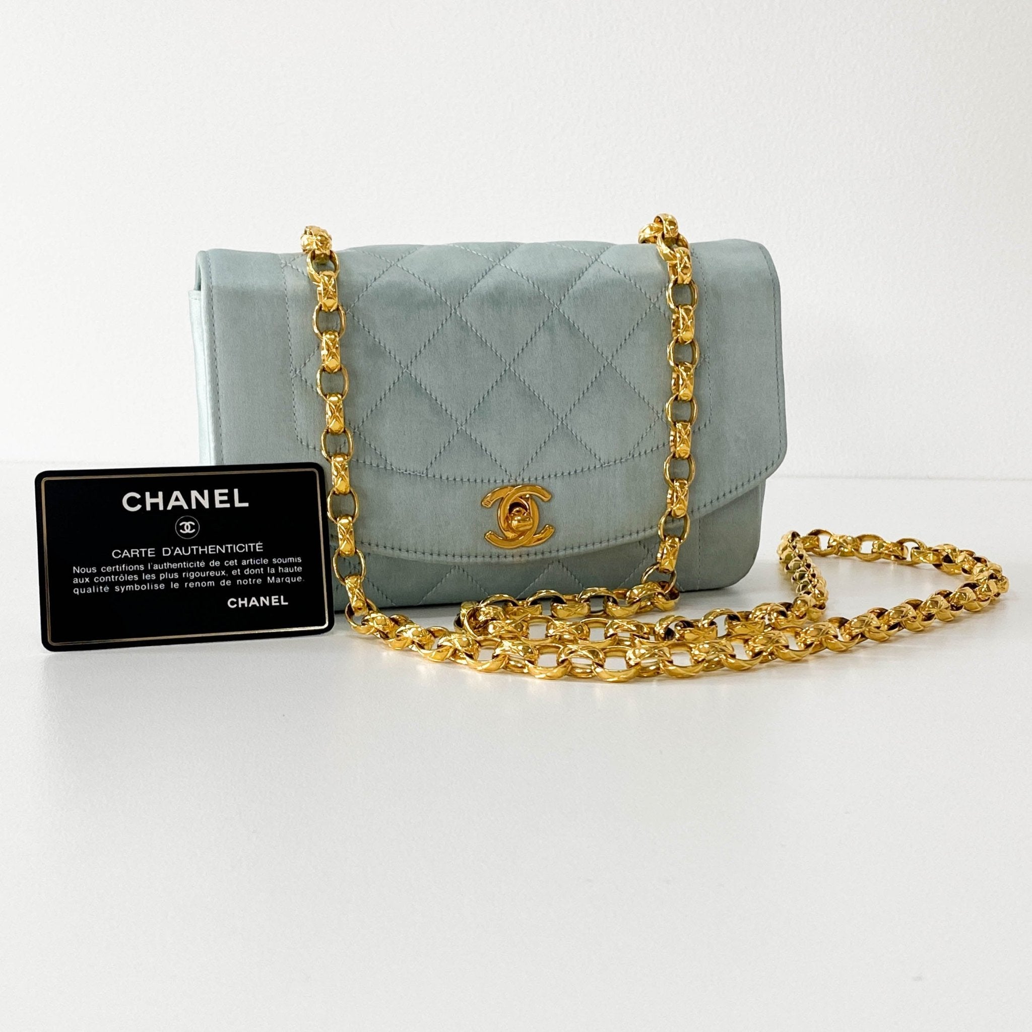 CHANEL Diana Flap Light blue Satin Bijou Chain Shoulder Bag, in , Sold by HIVE PRELOVED - Shoulder Bags, ,