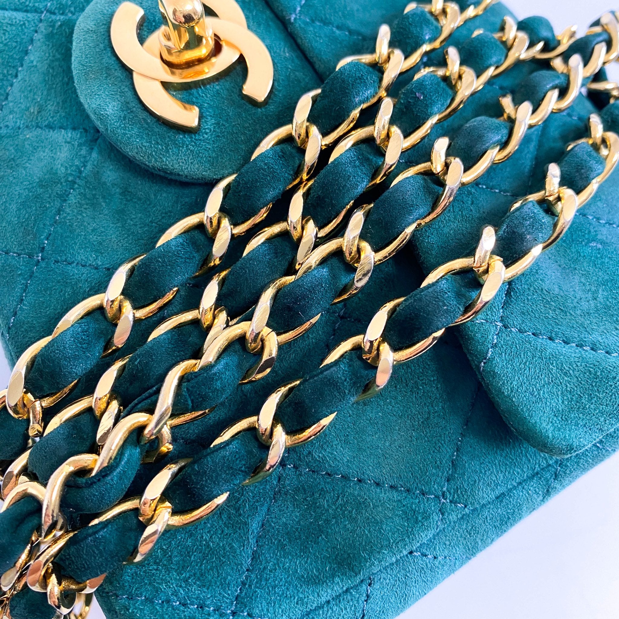 CHANEL Green Quilted Suede Mini Square Classic Single Flap Gold Hardware, 1989 - 1991, in , Sold by HIVE PRELOVED - Crossbody bags, Mini bags,