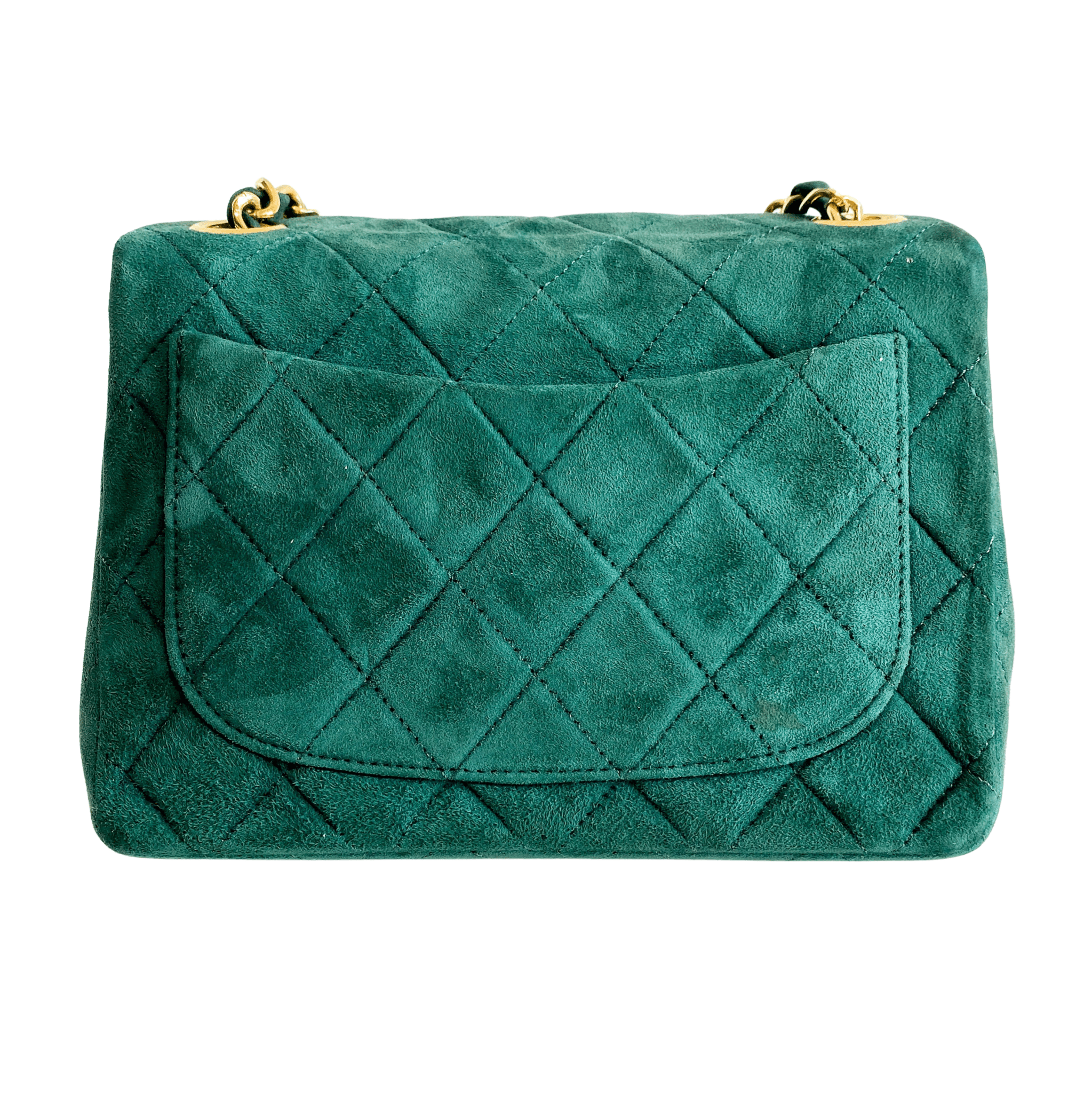 CHANEL Green Quilted Suede Mini Square Classic Single Flap Gold Hardware, 1989 - 1991, in , Sold by HIVE PRELOVED - Crossbody bags, Mini bags,