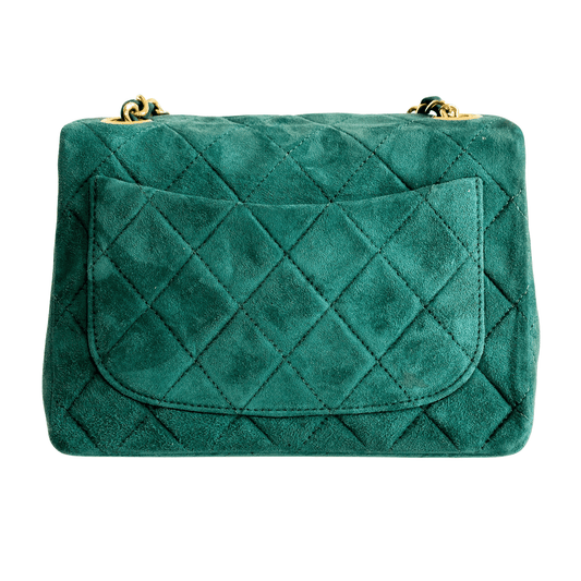 CHANEL Green Quilted Suede Mini Square Classic Single Flap Gold Hardware, 1989 - 1991, in , Sold by HIVE PRELOVED - Crossbody bags, Mini bags,