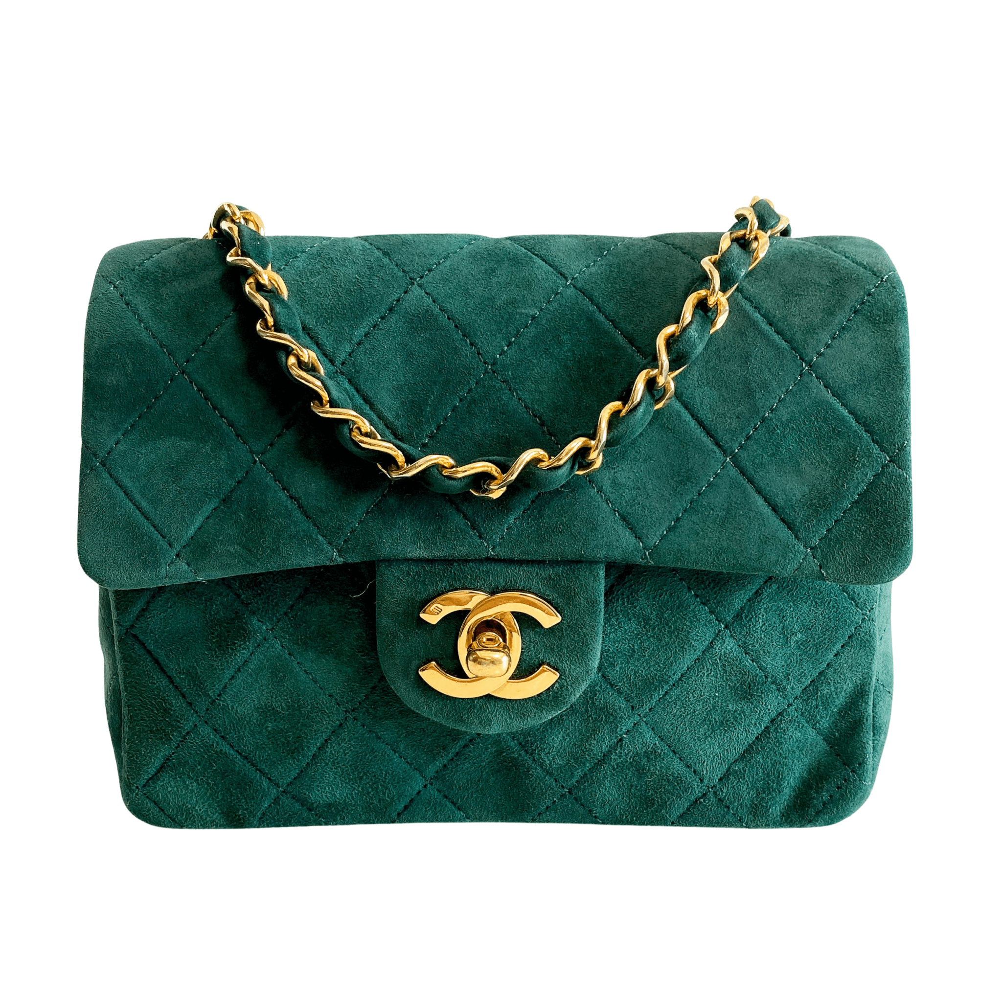 CHANEL Green Quilted Suede Mini Square Classic Single Flap Gold Hardware, 1989 - 1991, in , Sold by HIVE PRELOVED - Crossbody bags, Mini bags,
