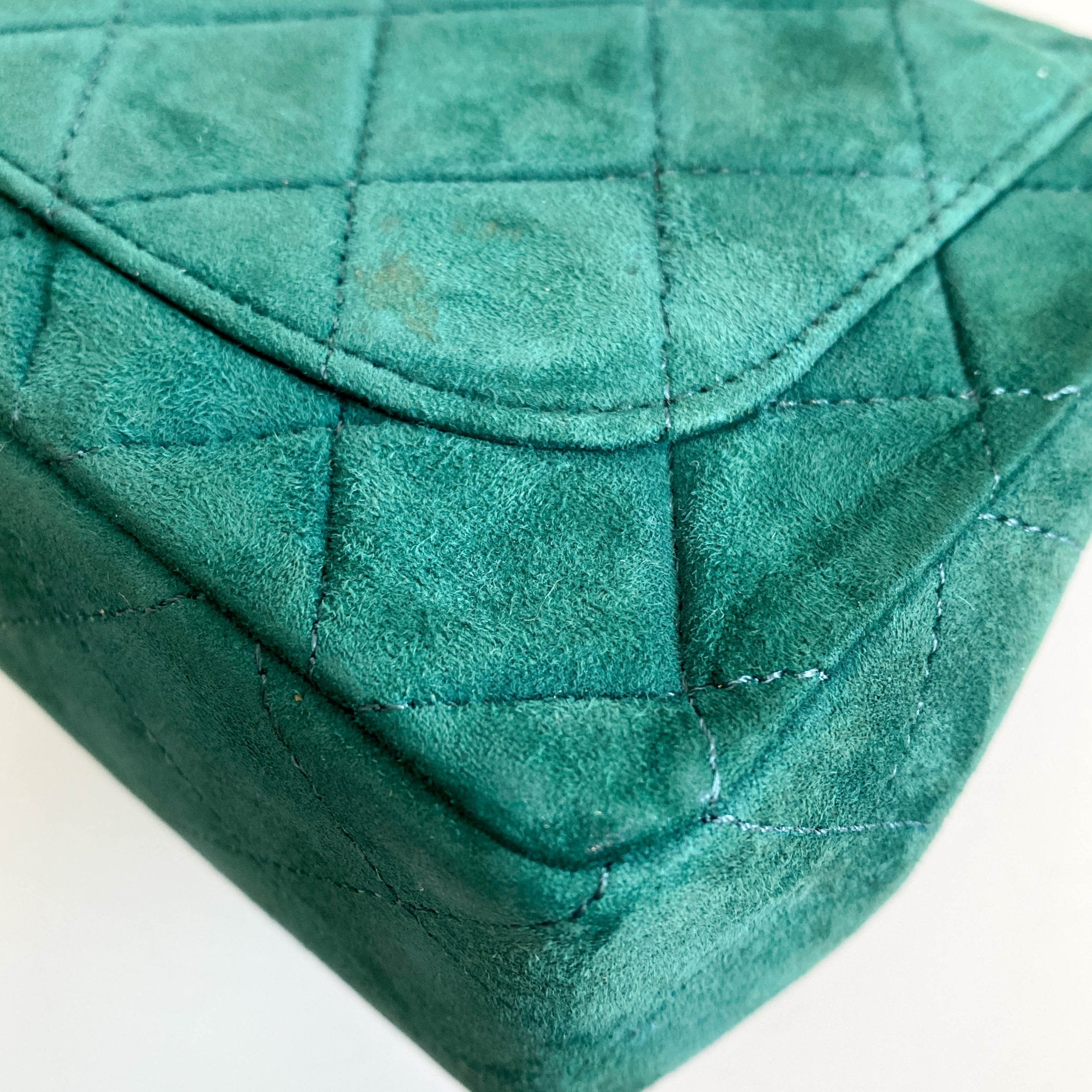 CHANEL Green Quilted Suede Mini Square Classic Single Flap Gold Hardware, 1989 - 1991, in , Sold by HIVE PRELOVED - Crossbody bags, Mini bags,