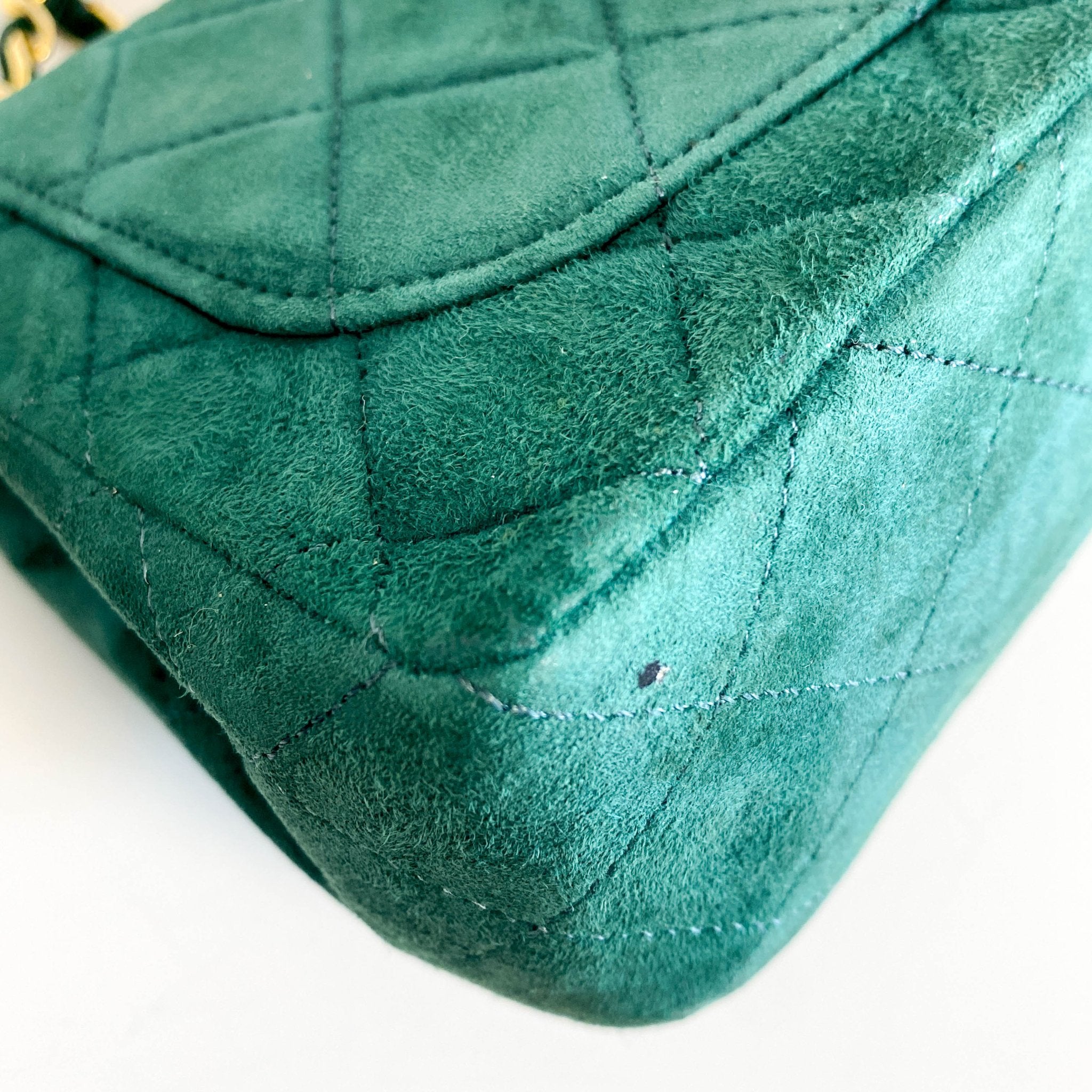 CHANEL Green Quilted Suede Mini Square Classic Single Flap Gold Hardware, 1989 - 1991, in , Sold by HIVE PRELOVED - Crossbody bags, Mini bags,