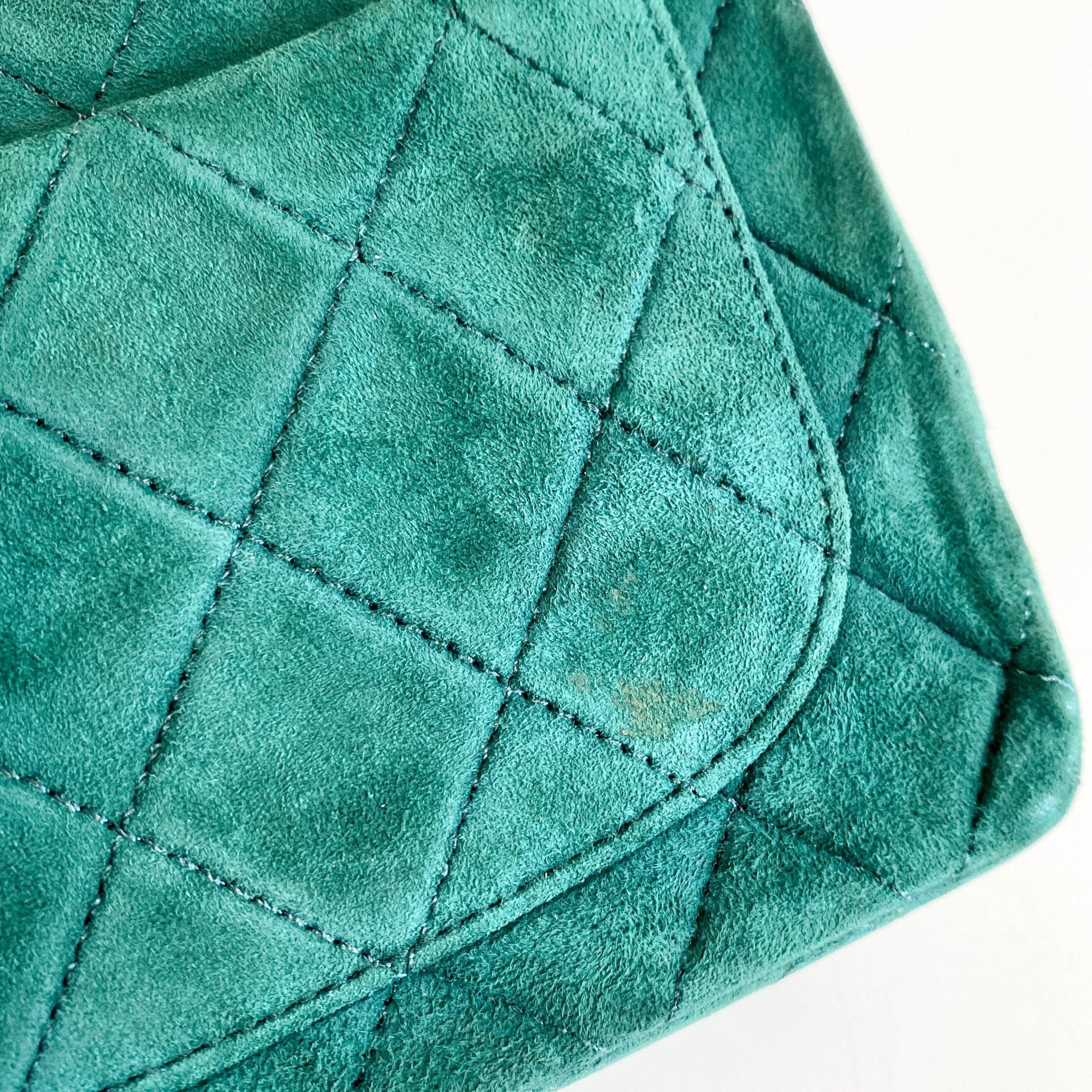 CHANEL Green Quilted Suede Mini Square Classic Single Flap Gold Hardware, 1989 - 1991, in , Sold by HIVE PRELOVED - Crossbody bags, Mini bags,