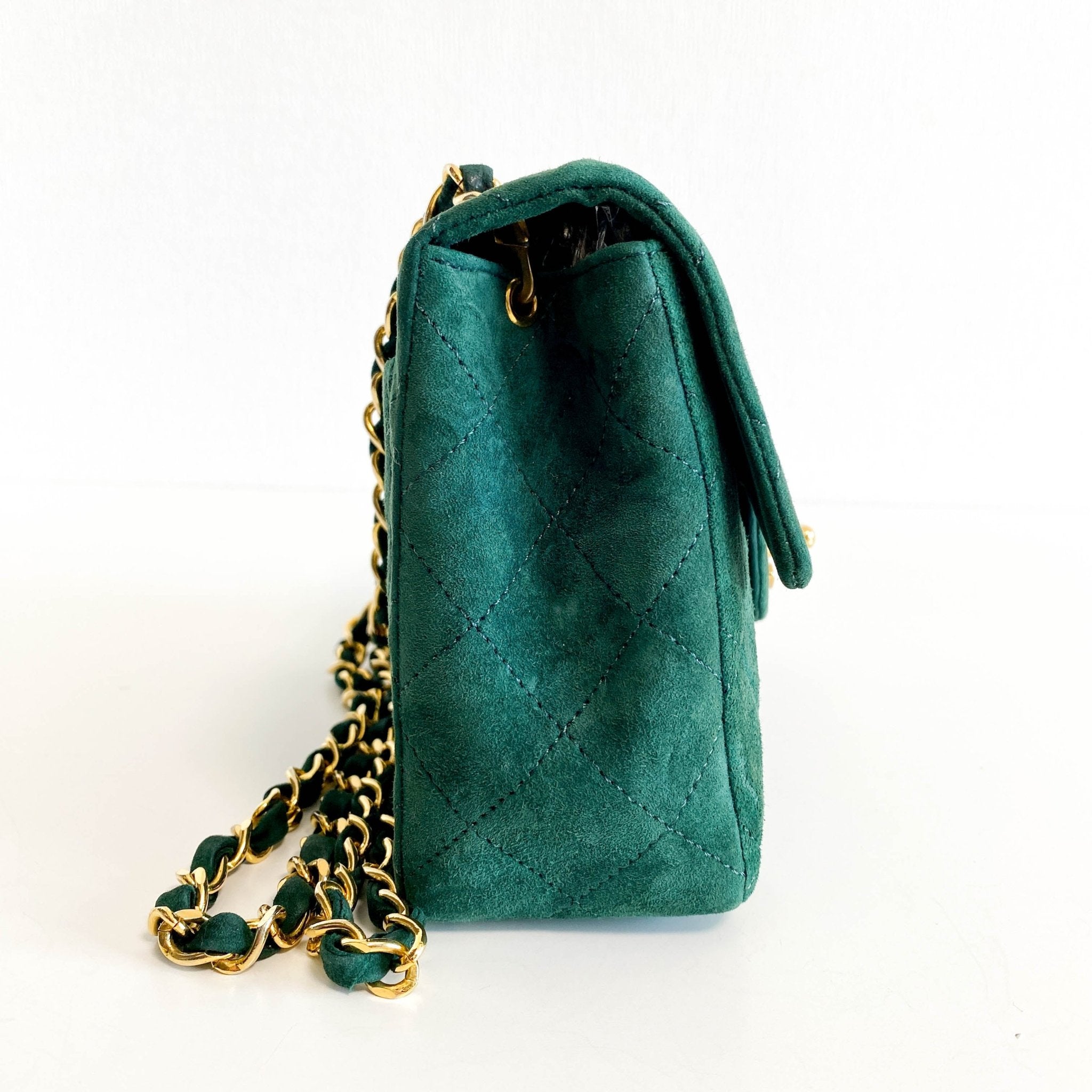 CHANEL Green Quilted Suede Mini Square Classic Single Flap Gold Hardware, 1989 - 1991, in , Sold by HIVE PRELOVED - Crossbody bags, Mini bags,