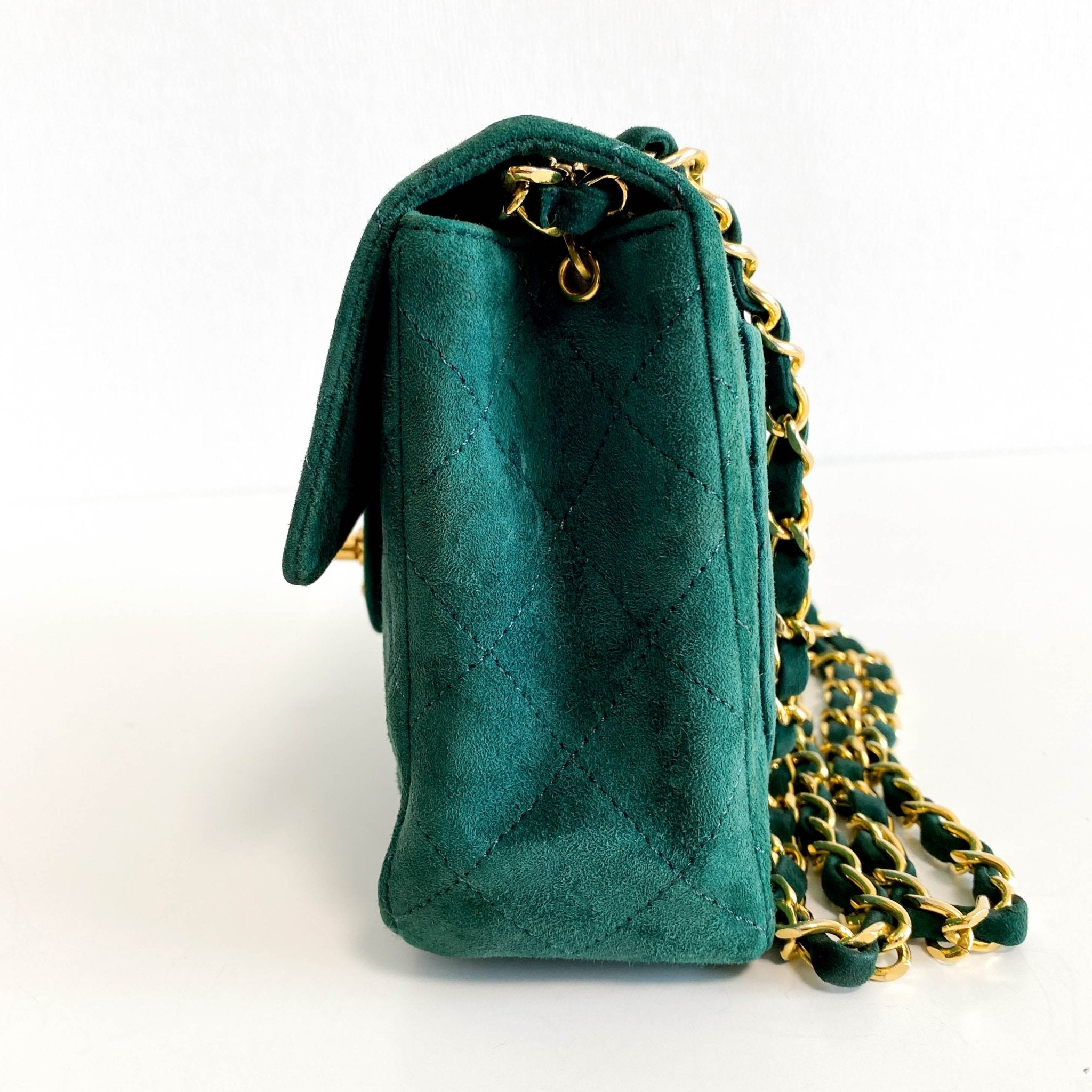 CHANEL Green Quilted Suede Mini Square Classic Single Flap Gold Hardware, 1989 - 1991, in , Sold by HIVE PRELOVED - Crossbody bags, Mini bags,