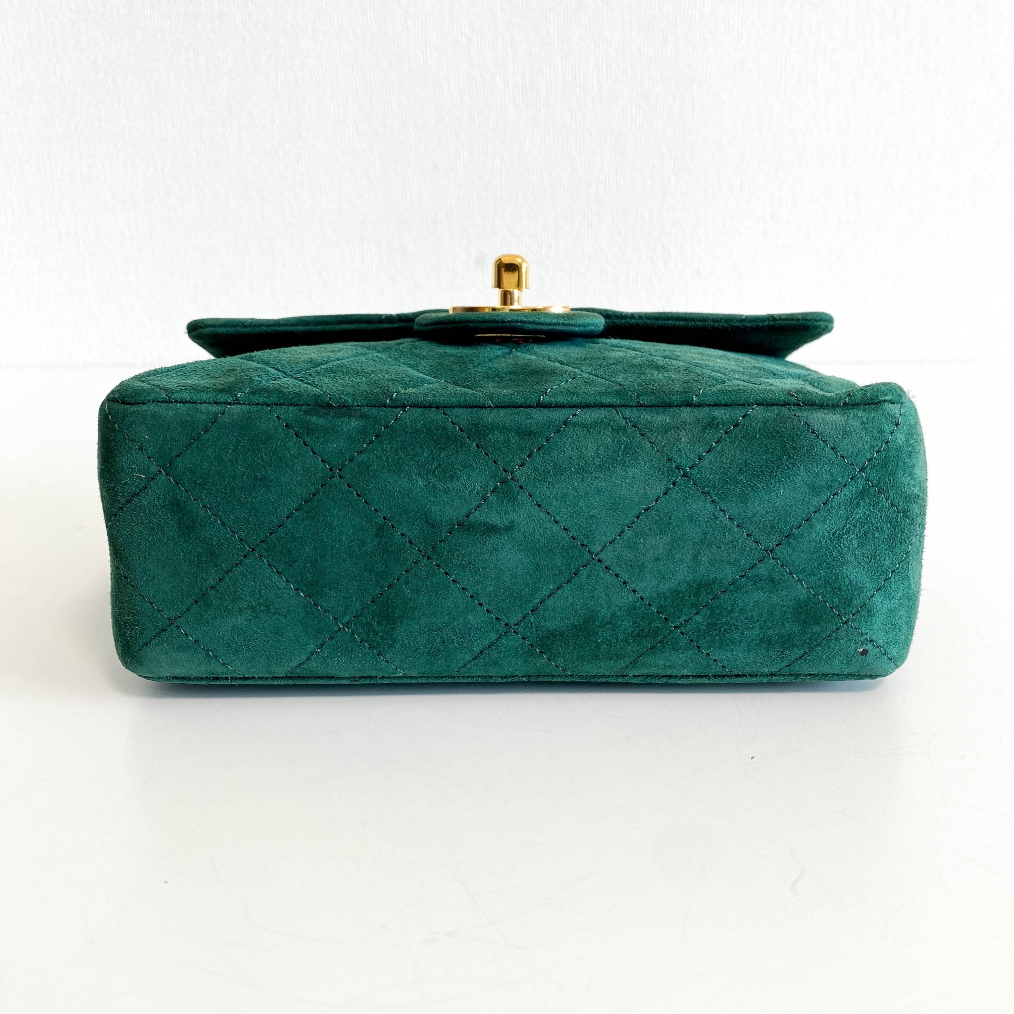 CHANEL Green Quilted Suede Mini Square Classic Single Flap Gold Hardware, 1989 - 1991, in , Sold by HIVE PRELOVED - Crossbody bags, Mini bags,
