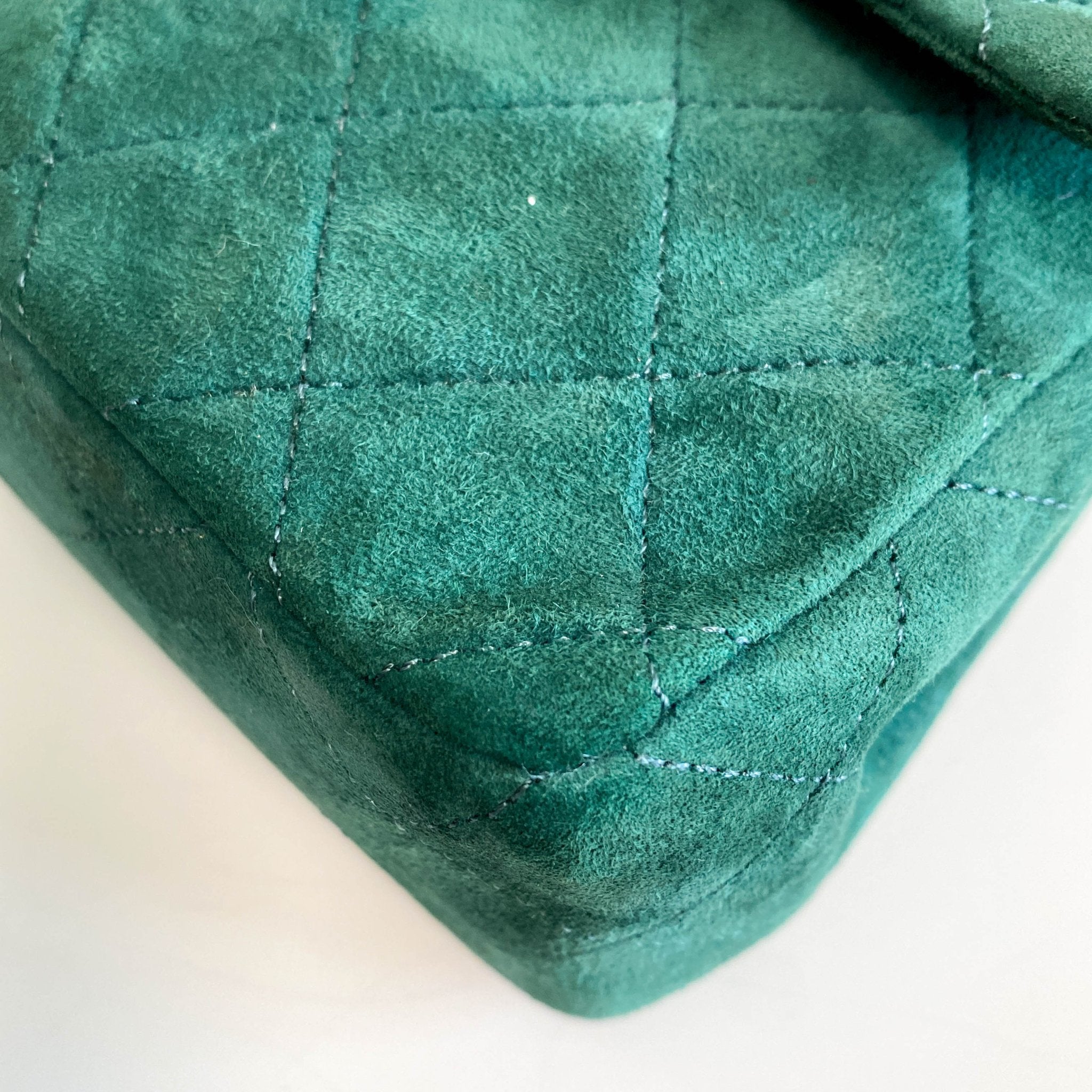 CHANEL Green Quilted Suede Mini Square Classic Single Flap Gold Hardware, 1989 - 1991, in , Sold by HIVE PRELOVED - Crossbody bags, Mini bags,