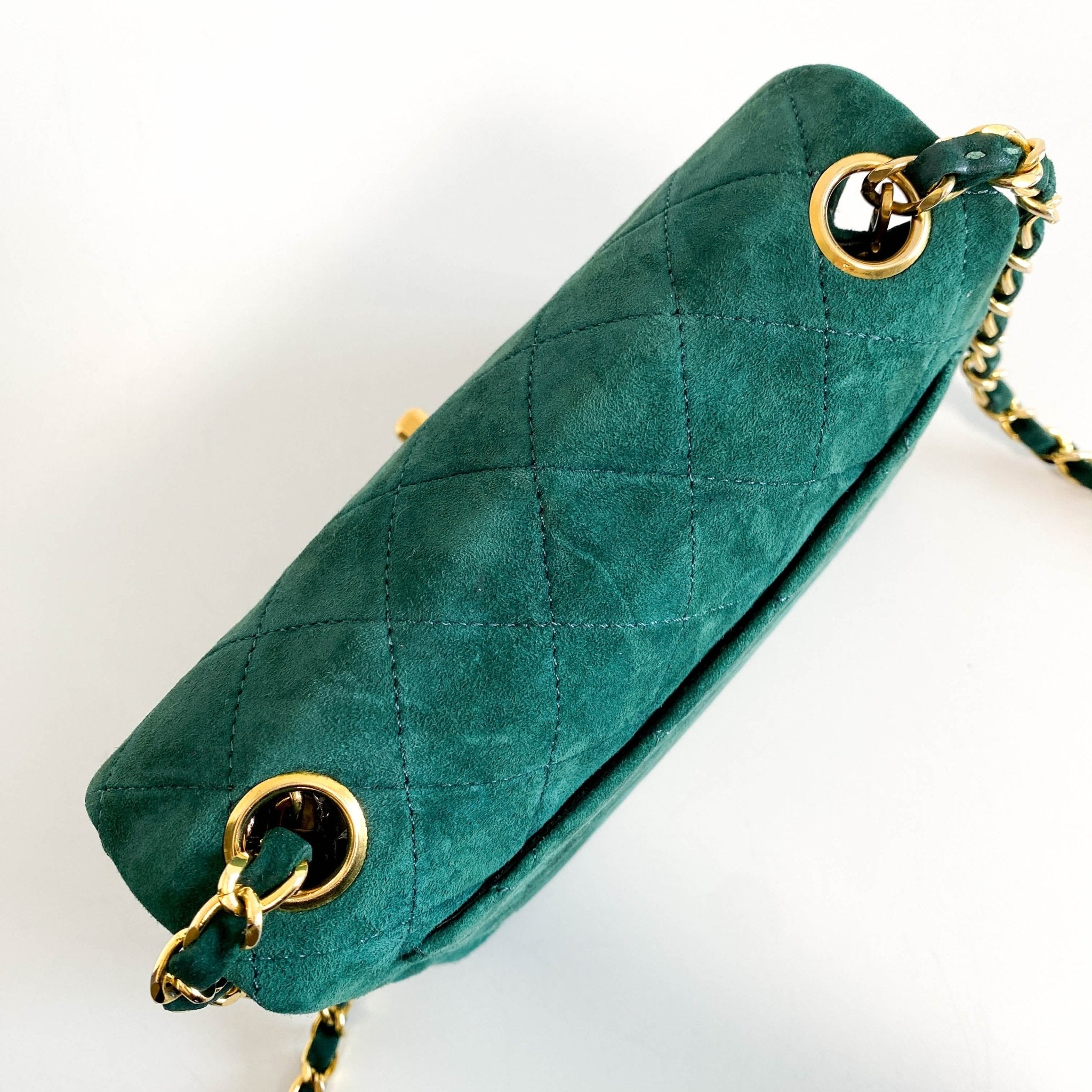 CHANEL Green Quilted Suede Mini Square Classic Single Flap Gold Hardware, 1989 - 1991, in , Sold by HIVE PRELOVED - Crossbody bags, Mini bags,