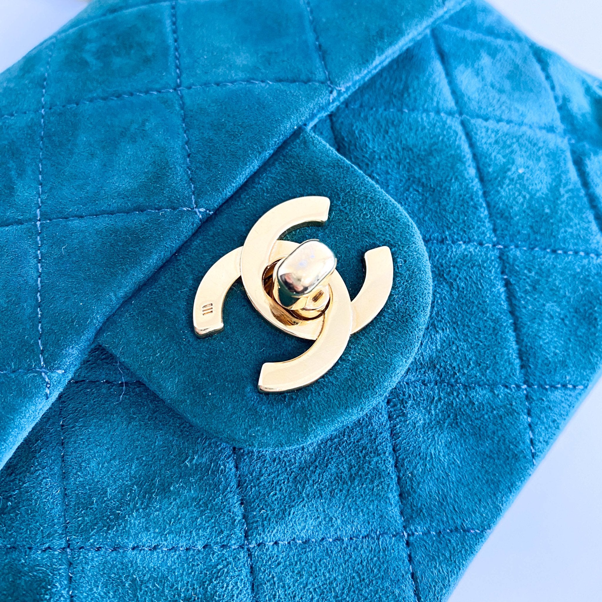 CHANEL Green Quilted Suede Mini Square Classic Single Flap Gold Hardware, 1989 - 1991, in , Sold by HIVE PRELOVED - Crossbody bags, Mini bags,