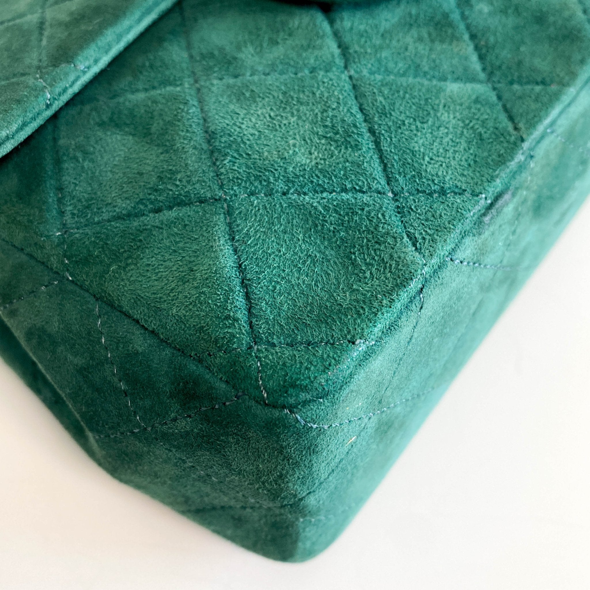 CHANEL Green Quilted Suede Mini Square Classic Single Flap Gold Hardware, 1989 - 1991, in , Sold by HIVE PRELOVED - Crossbody bags, Mini bags,