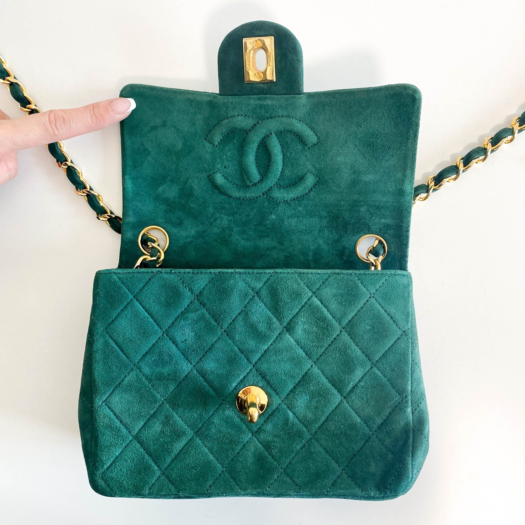 CHANEL Green Quilted Suede Mini Square Classic Single Flap Gold Hardware, 1989 - 1991, in , Sold by HIVE PRELOVED - Crossbody bags, Mini bags,