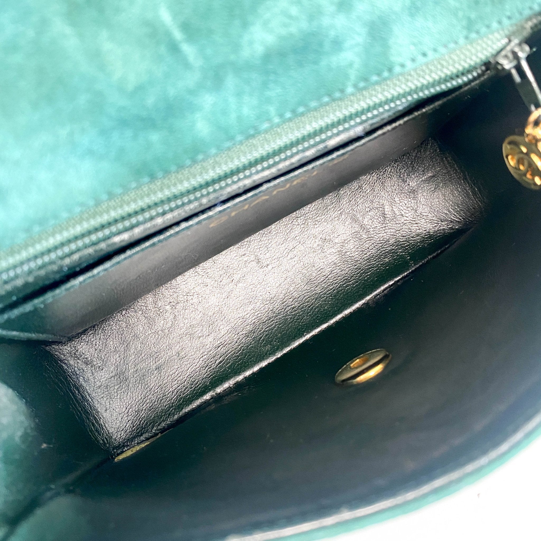 CHANEL Green Quilted Suede Mini Square Classic Single Flap Gold Hardware, 1989 - 1991, in , Sold by HIVE PRELOVED - Crossbody bags, Mini bags,