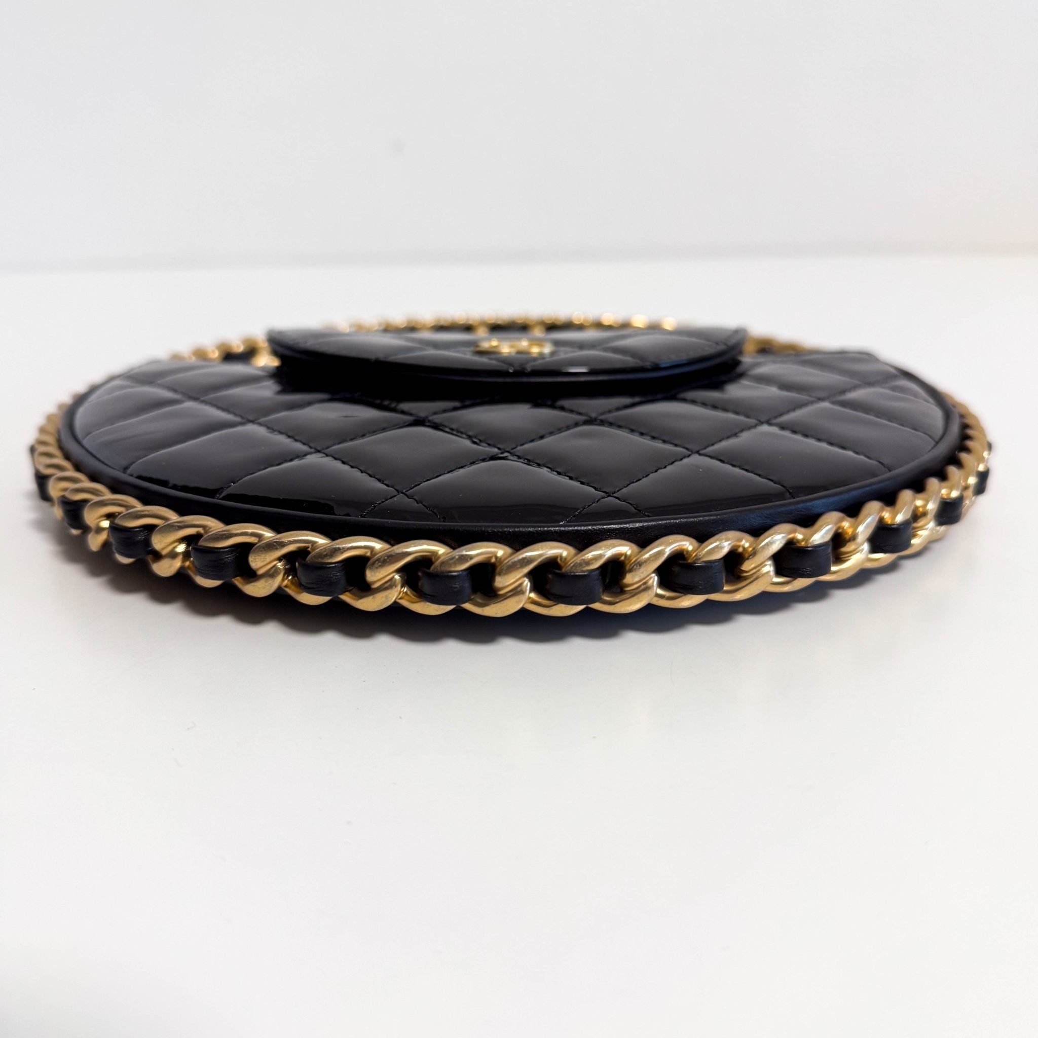 CHANEL Patent Calfskin Quilted Chain Hoop Bag Black, in , Sold by HIVE PRELOVED - Handle Bags, ,
