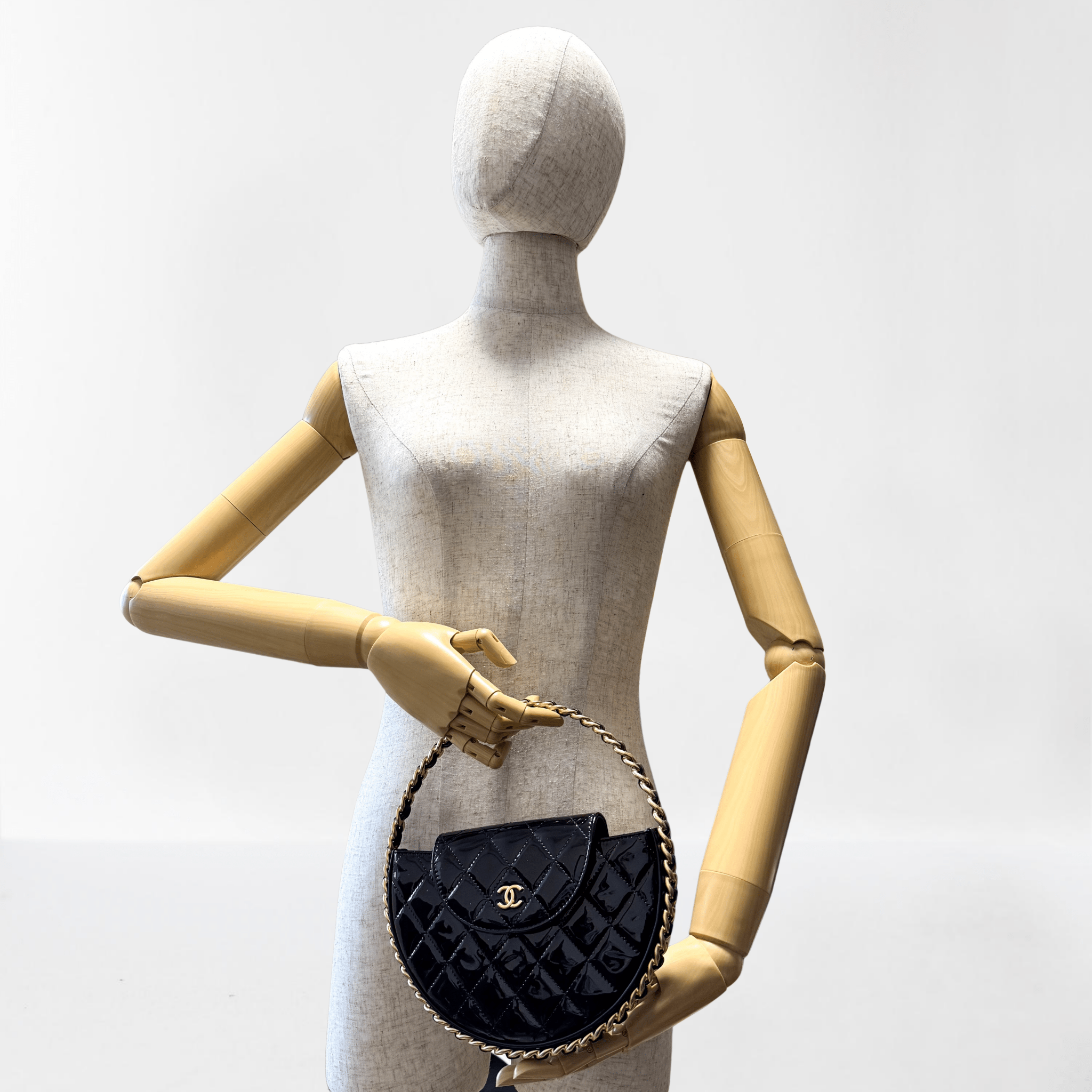 CHANEL Patent Calfskin Quilted Chain Hoop Bag Black, in , Sold by HIVE PRELOVED - Handle Bags, ,