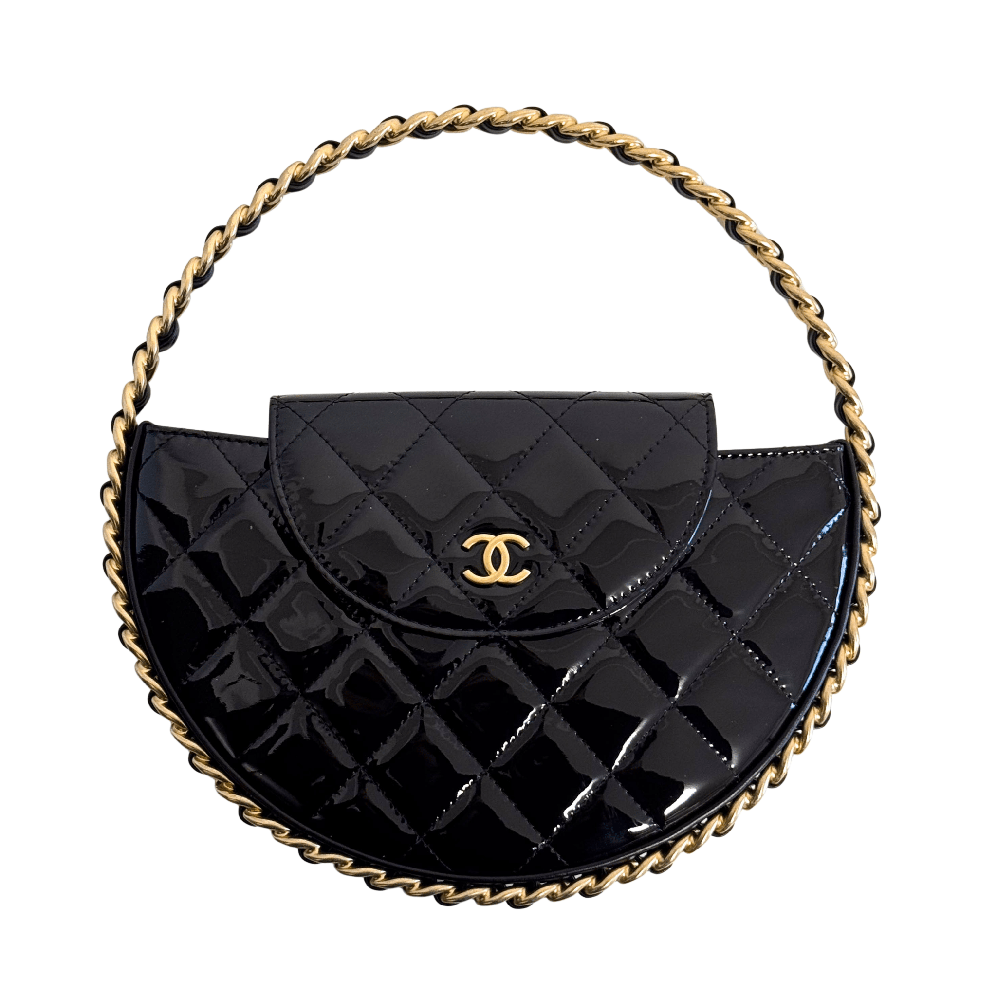 CHANEL Patent Calfskin Quilted Chain Hoop Bag Black, in , Sold by HIVE PRELOVED - Handle Bags, ,