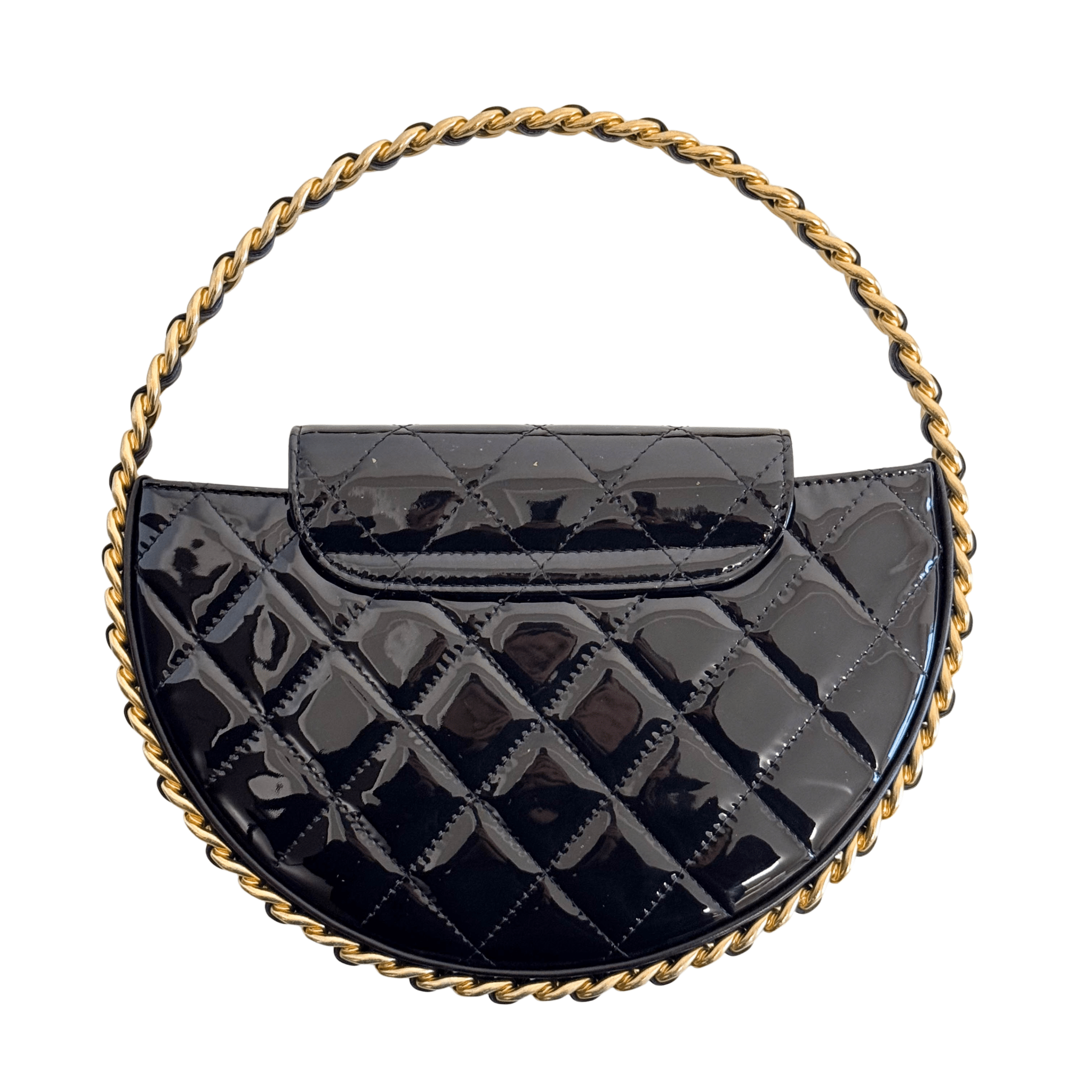CHANEL Patent Calfskin Quilted Chain Hoop Bag Black, in , Sold by HIVE PRELOVED - Handle Bags, ,