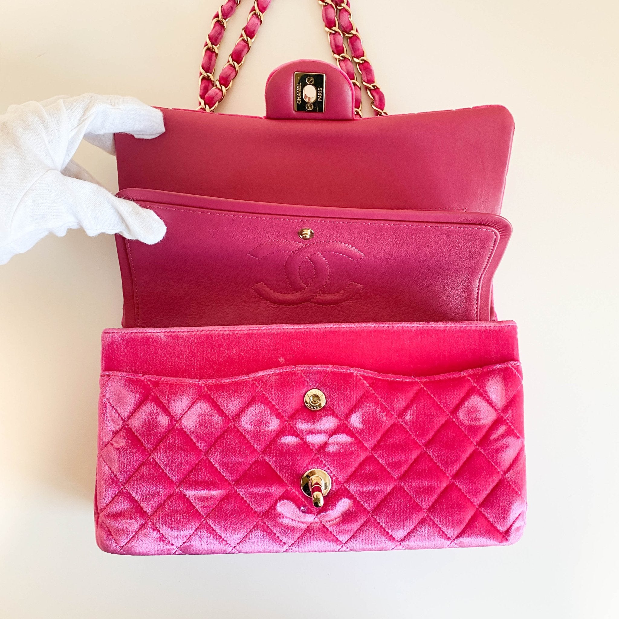 CHANEL Pink Velvet Timeless Classic Double Flap Chain Shoulder Bag, in , Sold by HIVE PRELOVED - Shoulder Bags, ,