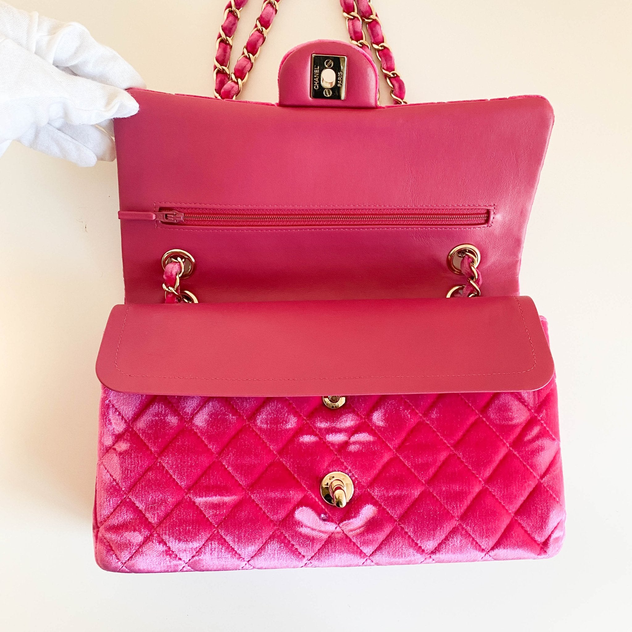 CHANEL Pink Velvet Timeless Classic Double Flap Chain Shoulder Bag, in , Sold by HIVE PRELOVED - Shoulder Bags, ,