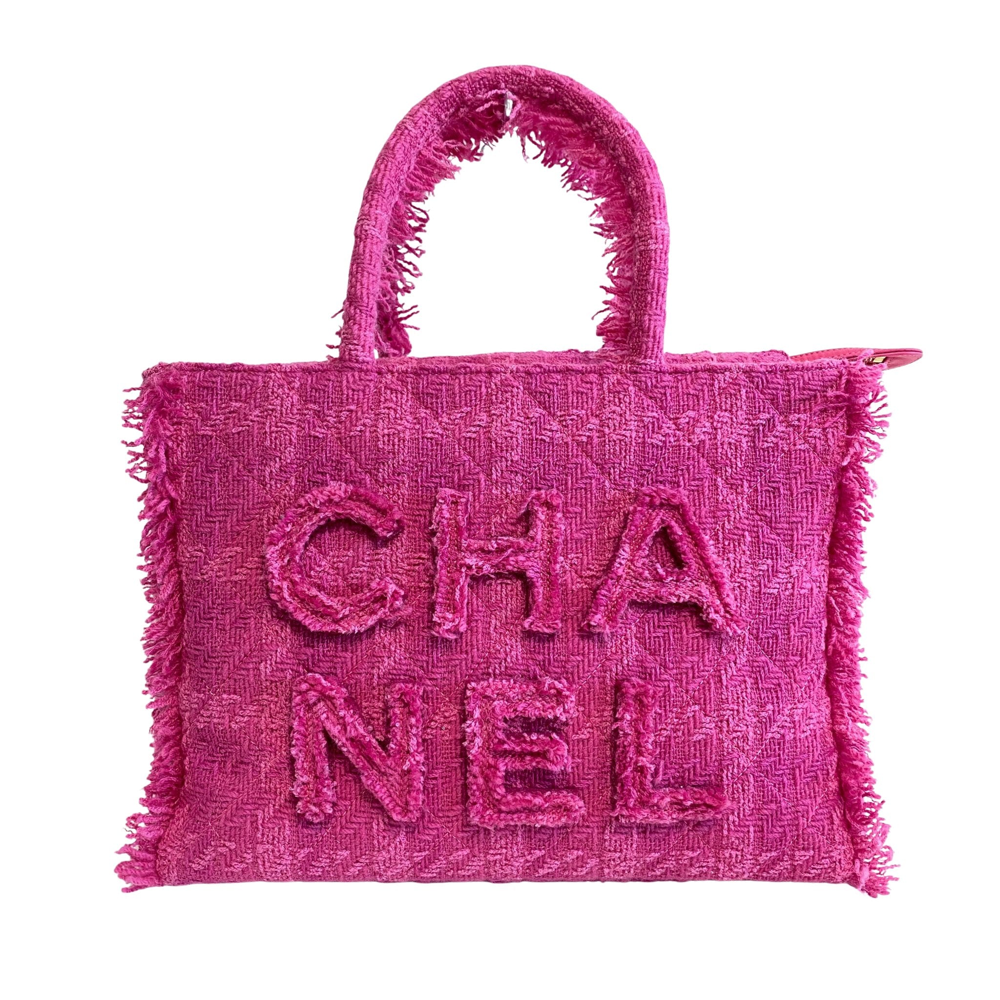 CHANEL Pink Wool Tweed Logo Fringe Zip Top Shopping Tote Handbag, in , Sold by HIVE PRELOVED - Totes, ,