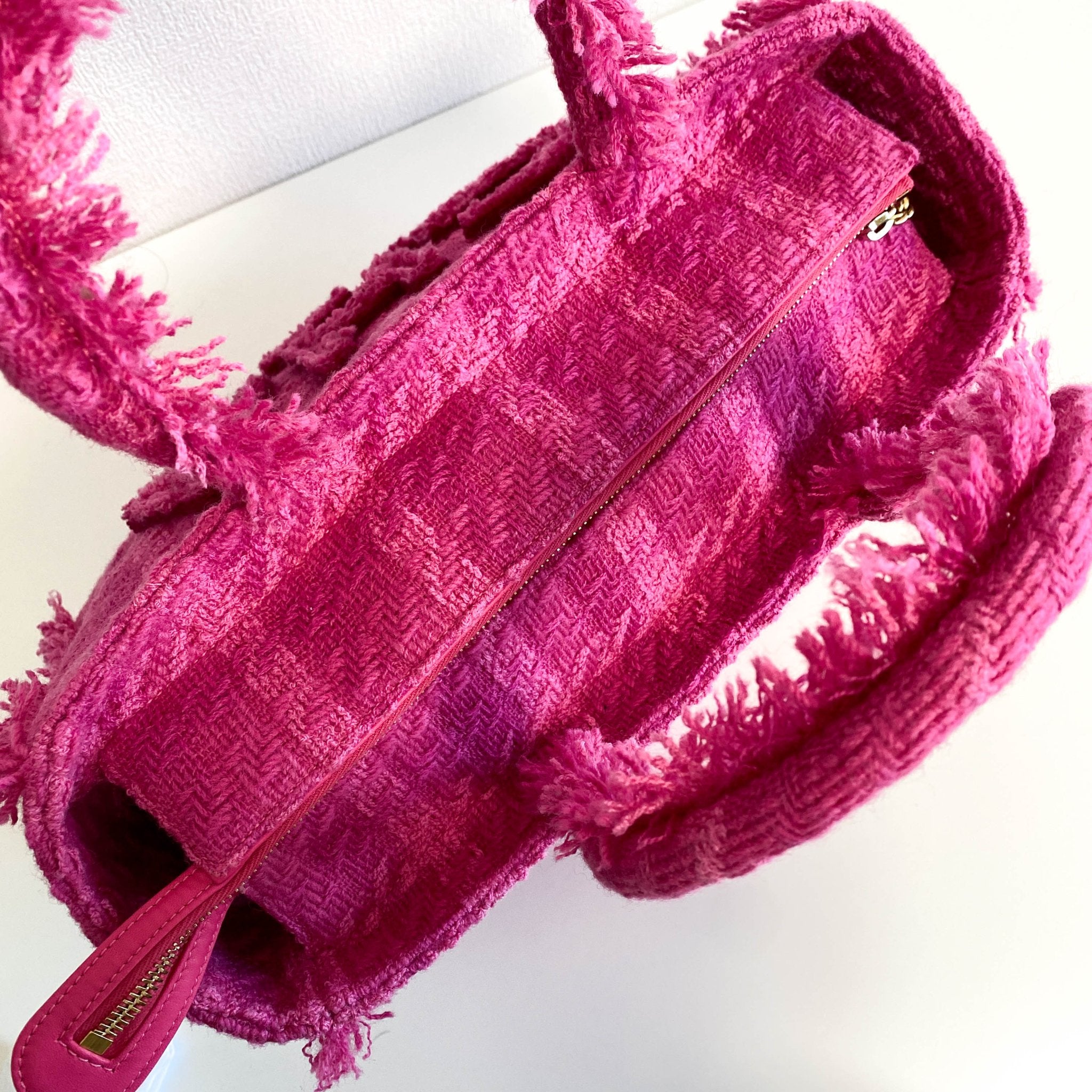 CHANEL Pink Wool Tweed Logo Fringe Zip Top Shopping Tote Handbag, in , Sold by HIVE PRELOVED - Totes, ,