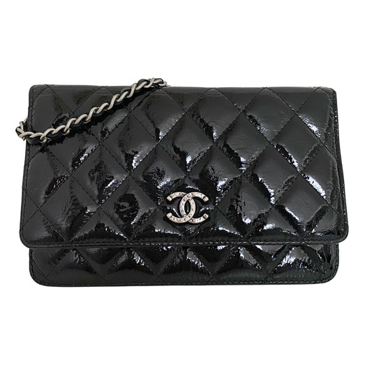 CHANEL Quilted Patent Leather Flap Shoulder Wallet On Chain WOC Bag, Patent Leather in Black, Sold by HIVE PRELOVED