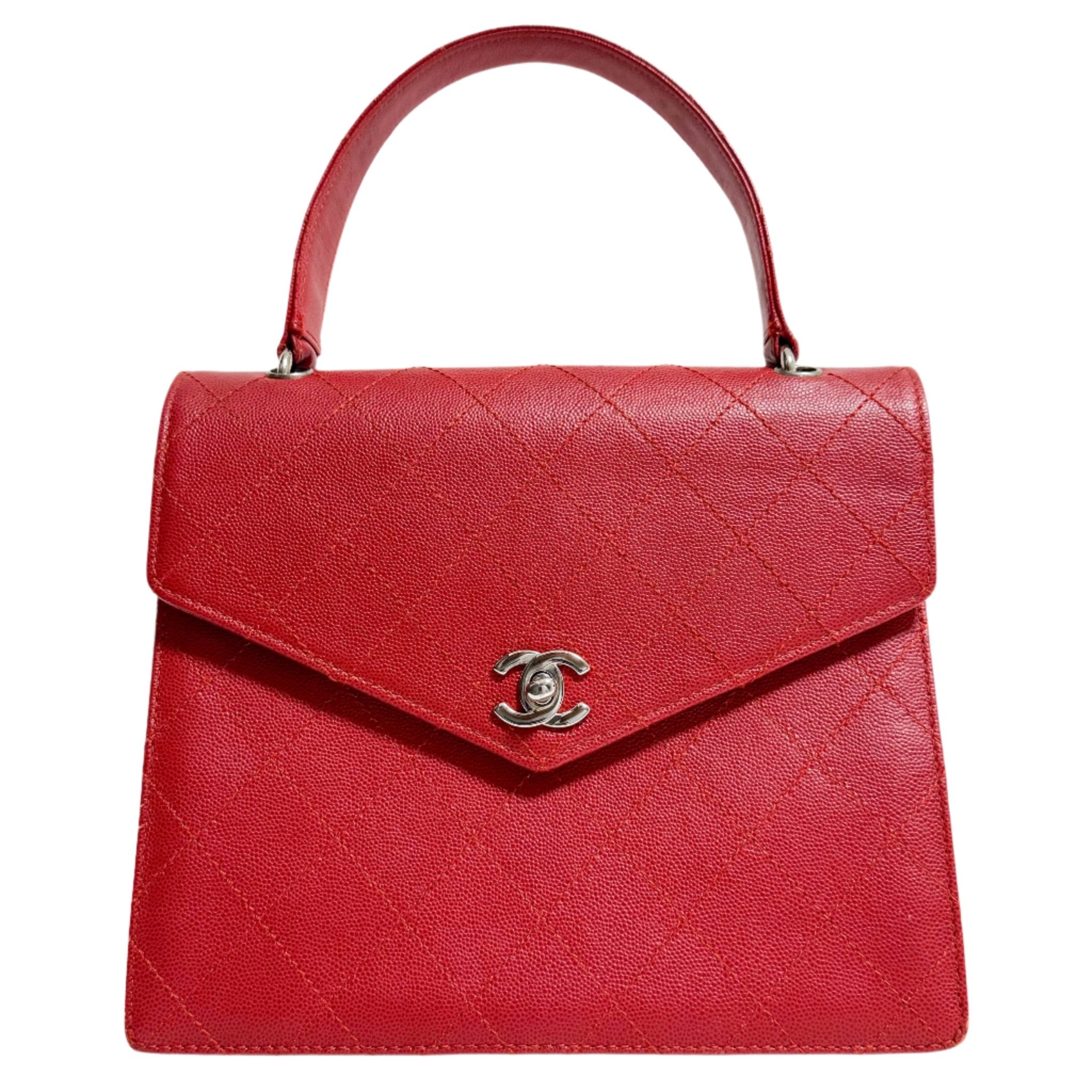 CHANEL Red Quilted Caviar Leather Envelope Flap Square Top Handle Handbag, in , Sold by HIVE PRELOVED - Handle Bags