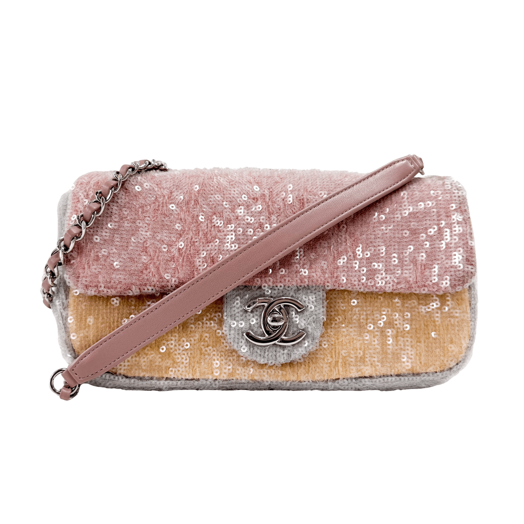 CHANEL Sequin Mini Waterfall Flap Pink Orange Grey Chain Strap Shoulder Bag, in , Sold by HIVE PRELOVED - Shoulder Bags, ,