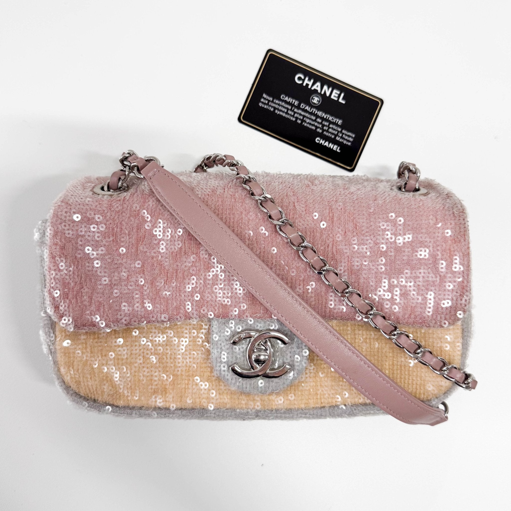 CHANEL Sequin Mini Waterfall Flap Pink Orange Grey Chain Strap Shoulder Bag, in , Sold by HIVE PRELOVED - Shoulder Bags, ,