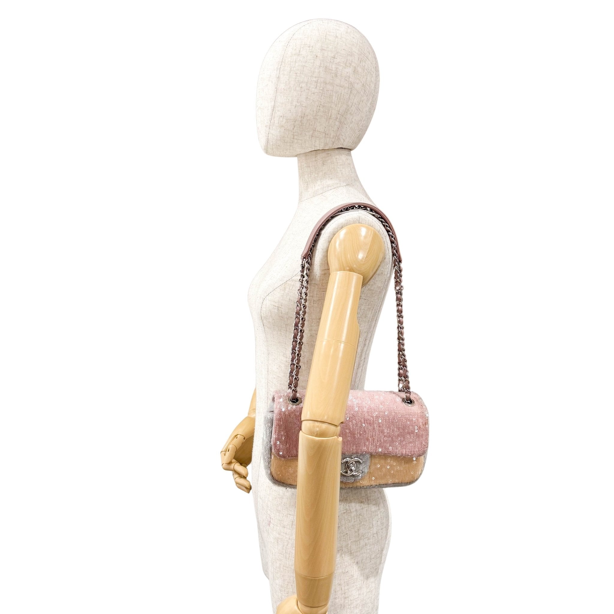 CHANEL Sequin Mini Waterfall Flap Pink Orange Grey Chain Strap Shoulder Bag, in , Sold by HIVE PRELOVED - Shoulder Bags, ,