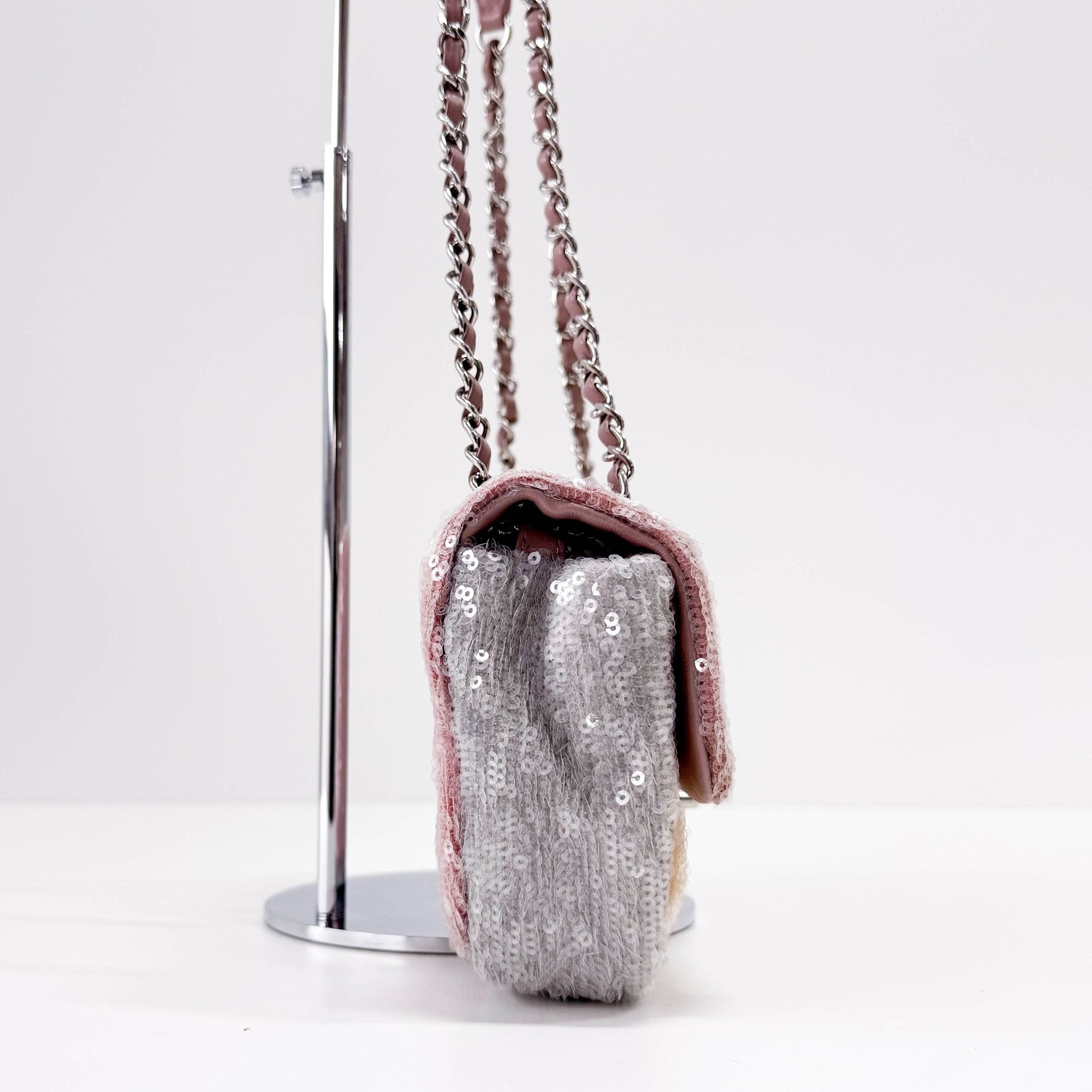 CHANEL Sequin Mini Waterfall Flap Pink Orange Grey Chain Strap Shoulder Bag, in , Sold by HIVE PRELOVED - Shoulder Bags, ,