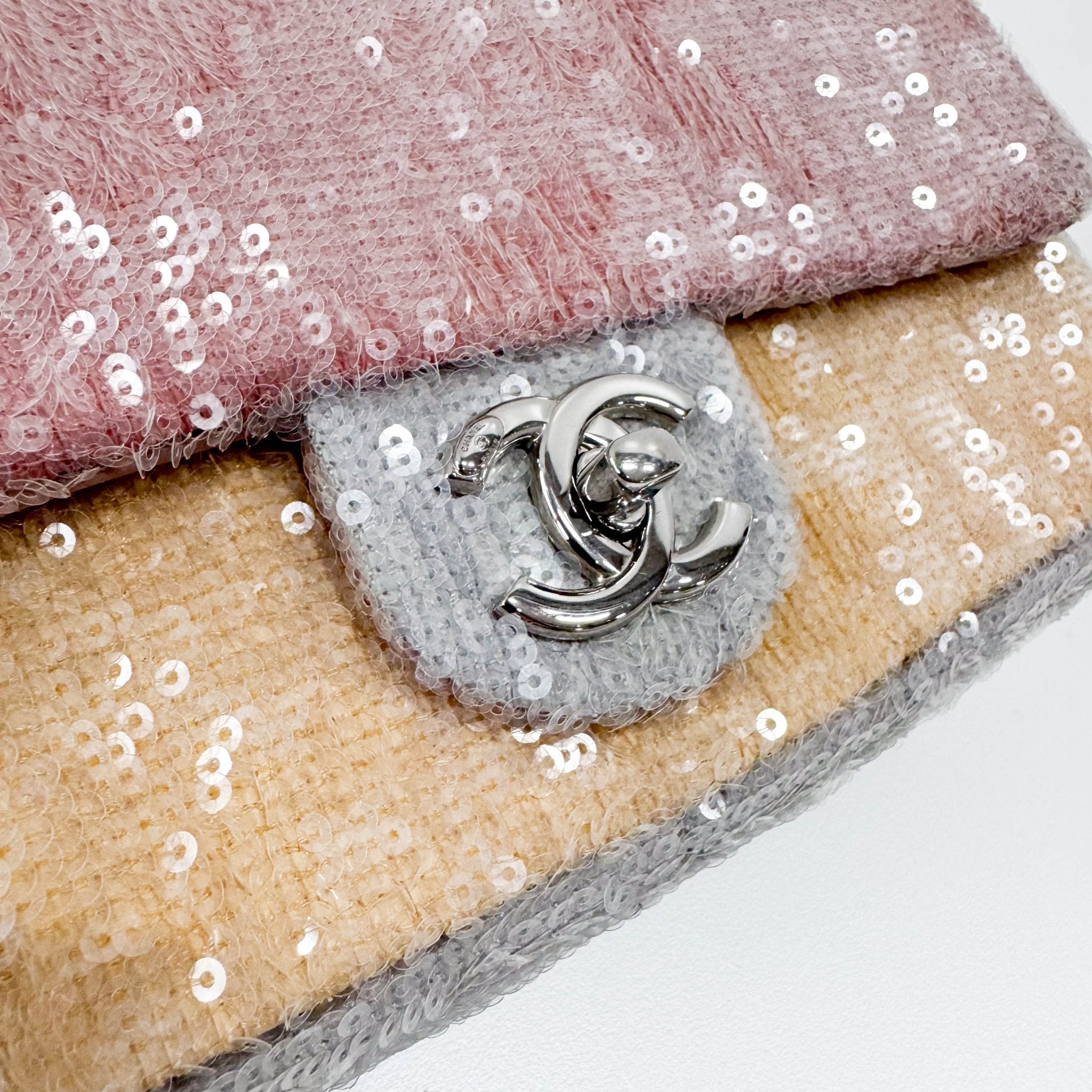 CHANEL Sequin Mini Waterfall Flap Pink Orange Grey Chain Strap Shoulder Bag, in , Sold by HIVE PRELOVED - Shoulder Bags, ,