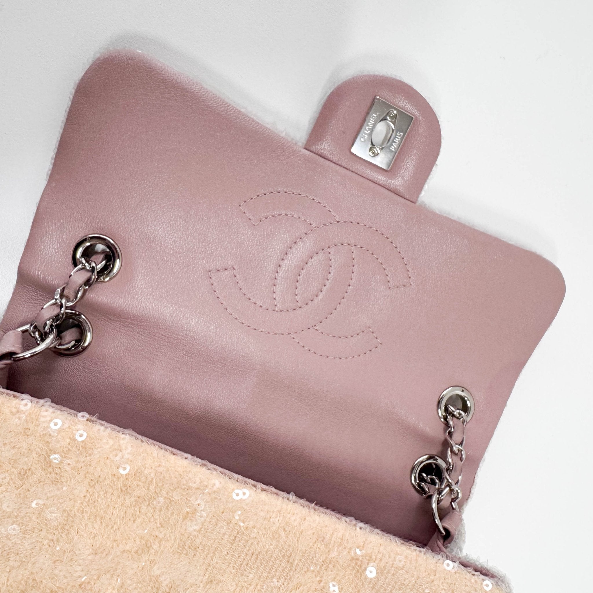 CHANEL Sequin Mini Waterfall Flap Pink Orange Grey Chain Strap Shoulder Bag, in , Sold by HIVE PRELOVED - Shoulder Bags, ,