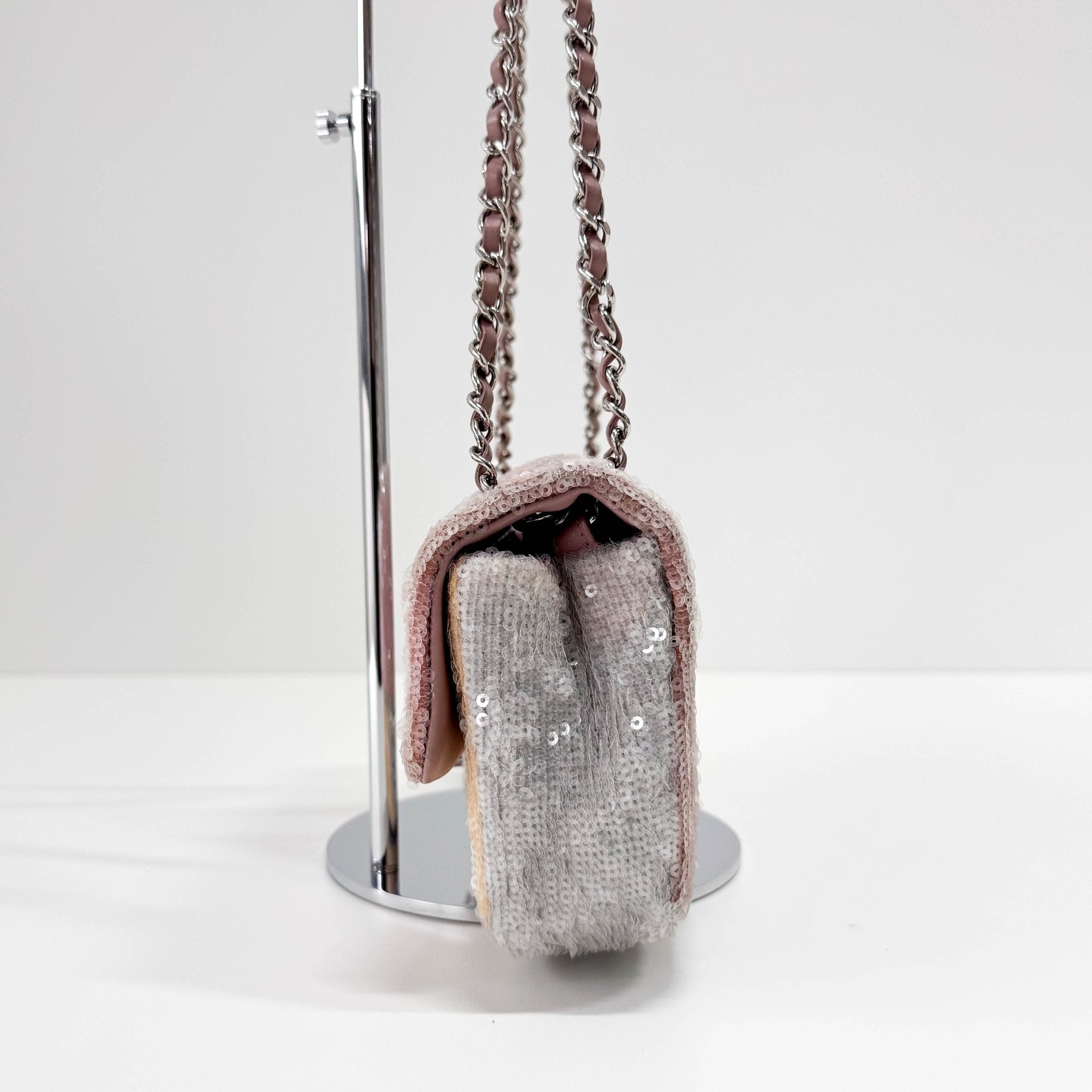 CHANEL Sequin Mini Waterfall Flap Pink Orange Grey Chain Strap Shoulder Bag, in , Sold by HIVE PRELOVED - Shoulder Bags, ,