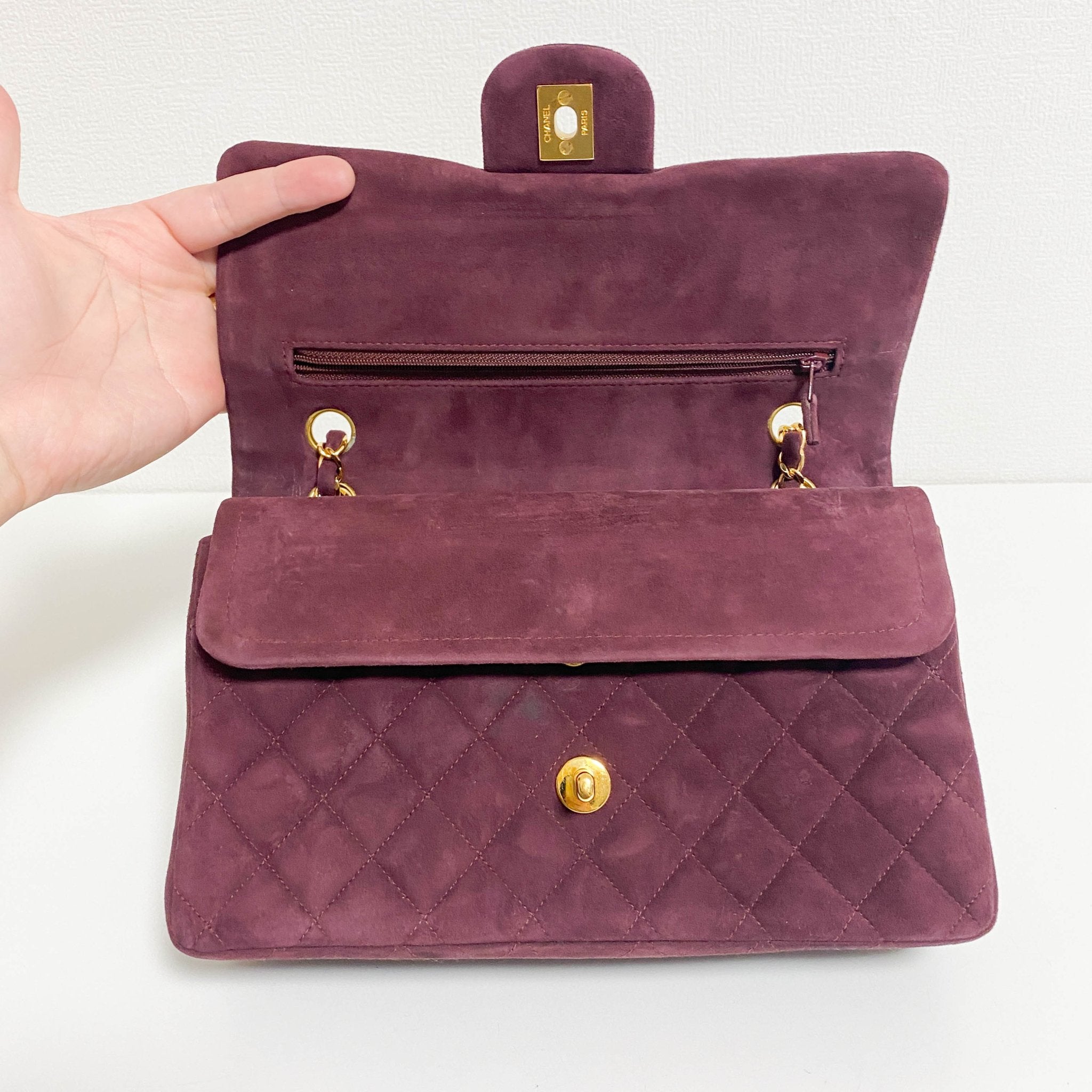 CHANEL TImeless Classic Double Flap Burgundy Suede Chain Shoulder Bag in Sold by HIVE PRELOVED - Crossbody bags, Shoulder Bag