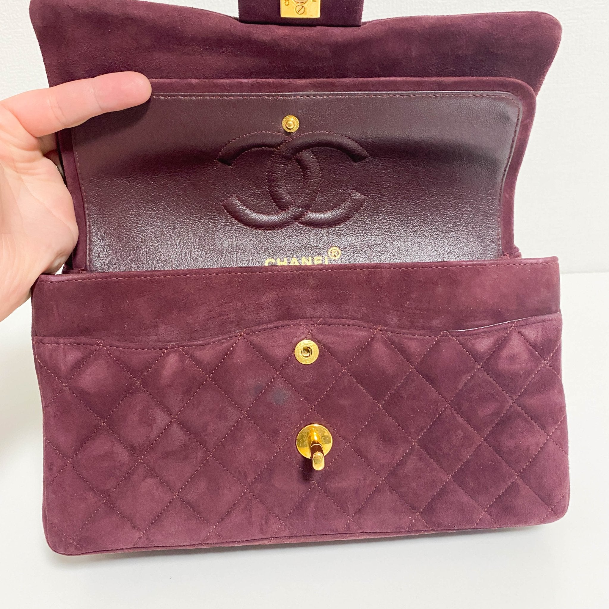 CHANEL TImeless Classic Double Flap Burgundy Suede Chain Shoulder Bag in Sold by HIVE PRELOVED - Crossbody bags, Shoulder Bag