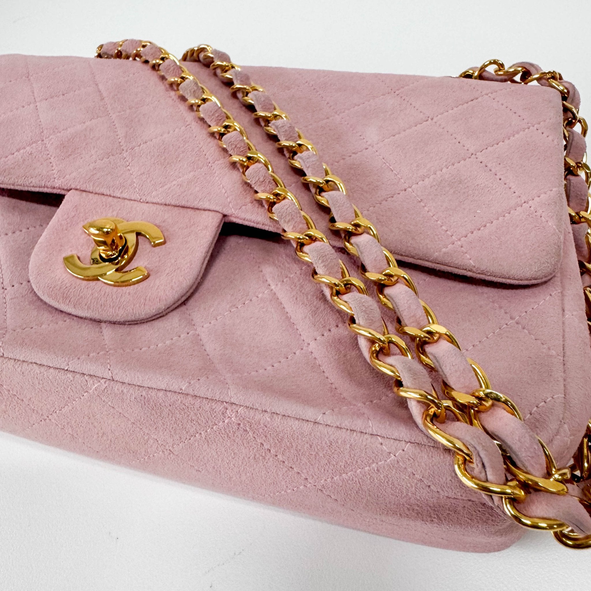 CHANEL Timeless Classic Double Flap Pink Suede Chain Shoulder Bag, in , Sold by HIVE PRELOVED - Shoulder Bags, ,