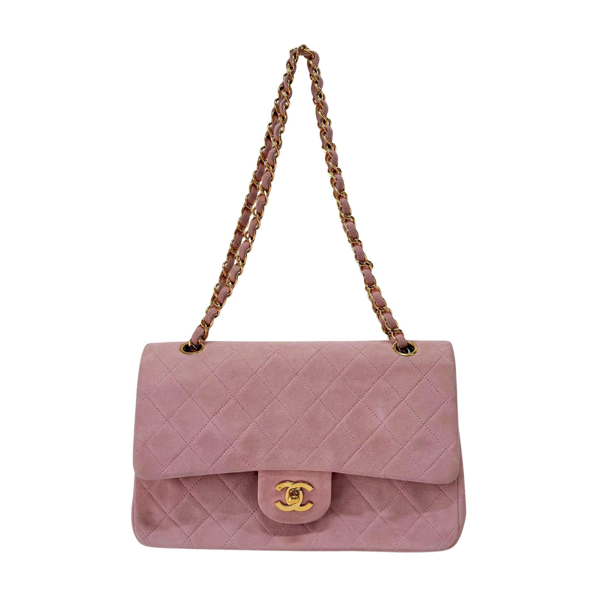CHANEL Timeless Classic Double Flap Pink Suede Chain Shoulder Bag, in , Sold by HIVE PRELOVED - Shoulder Bags, ,