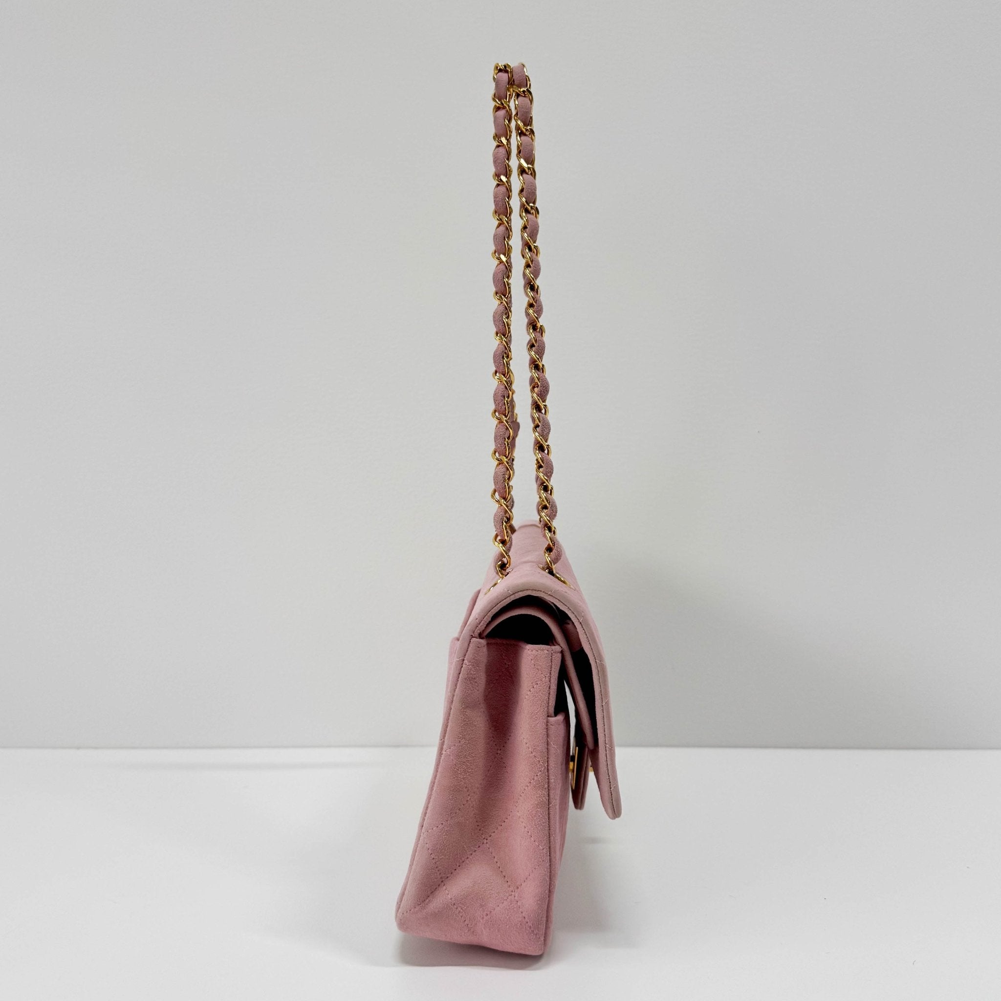 CHANEL Timeless Classic Double Flap Pink Suede Chain Shoulder Bag, in , Sold by HIVE PRELOVED - Shoulder Bags, ,