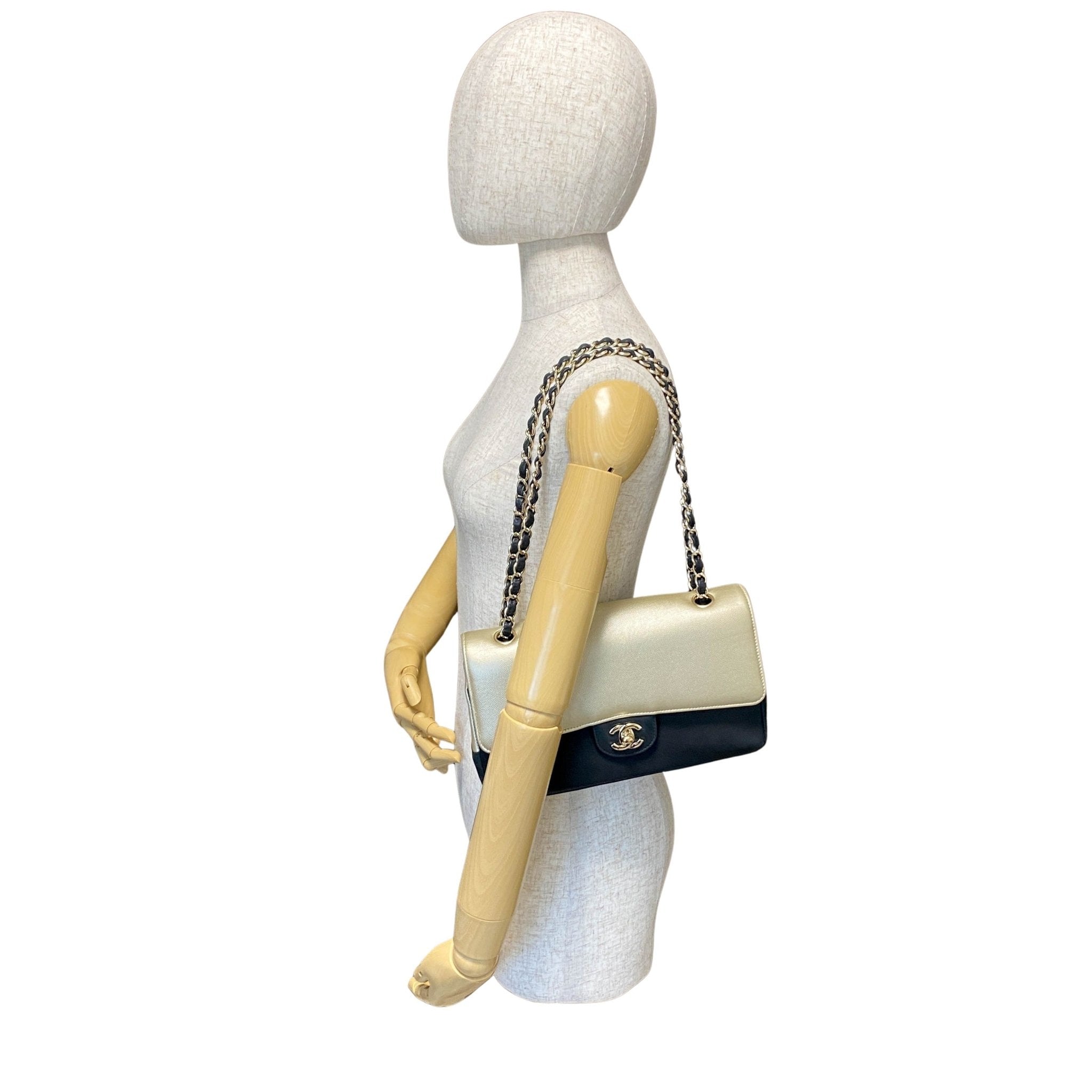 CHANEL Timeless Classic Flap 25 Gold Calf and Black Leather Chain Shoulder Bag, in , Sold by HIVE PRELOVED - Shoulder Bags, ,