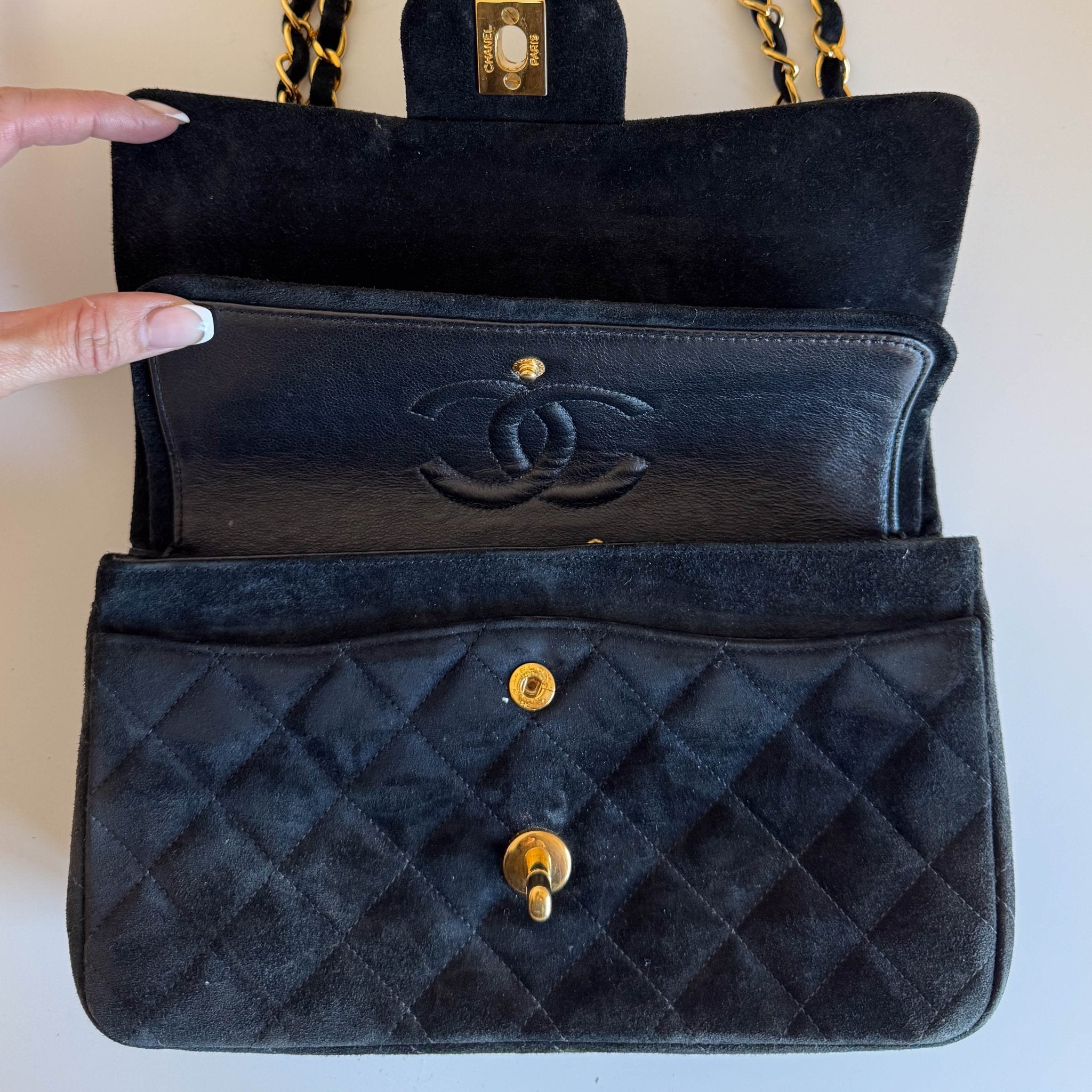 CHANEL Timeless Classic Suede Double Flap Double Chain Bag Black Gold Hardware, in , Sold by HIVE PRELOVED - Shoulder Bags, ,