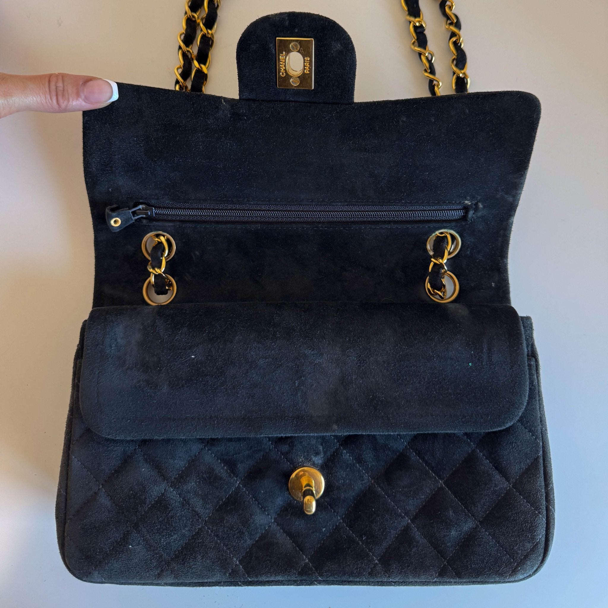 CHANEL Timeless Classic Suede Double Flap Double Chain Bag Black Gold Hardware, in , Sold by HIVE PRELOVED - Shoulder Bags, ,