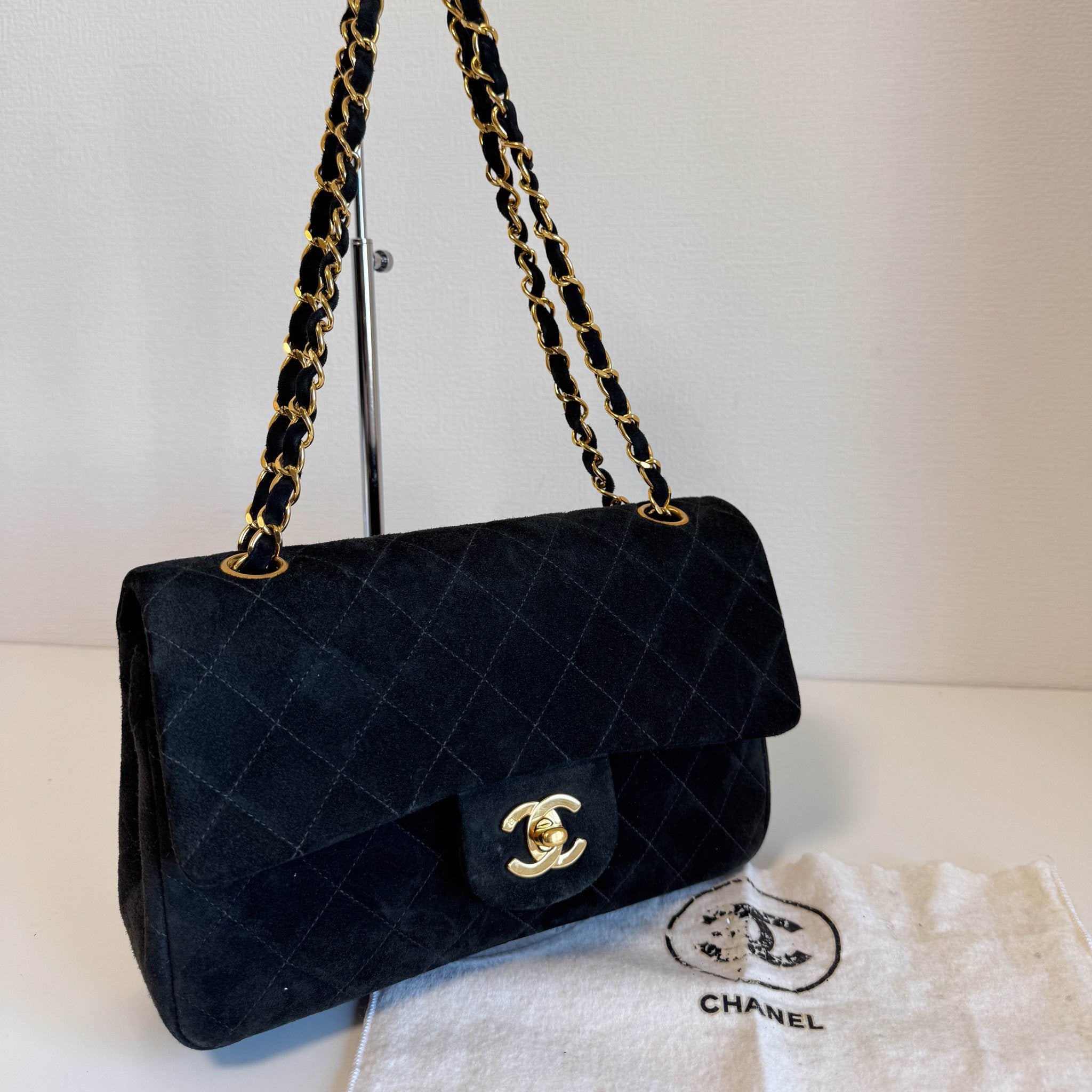 CHANEL Timeless Classic Suede Double Flap Double Chain Bag Black Gold Hardware, in , Sold by HIVE PRELOVED - Shoulder Bags, ,