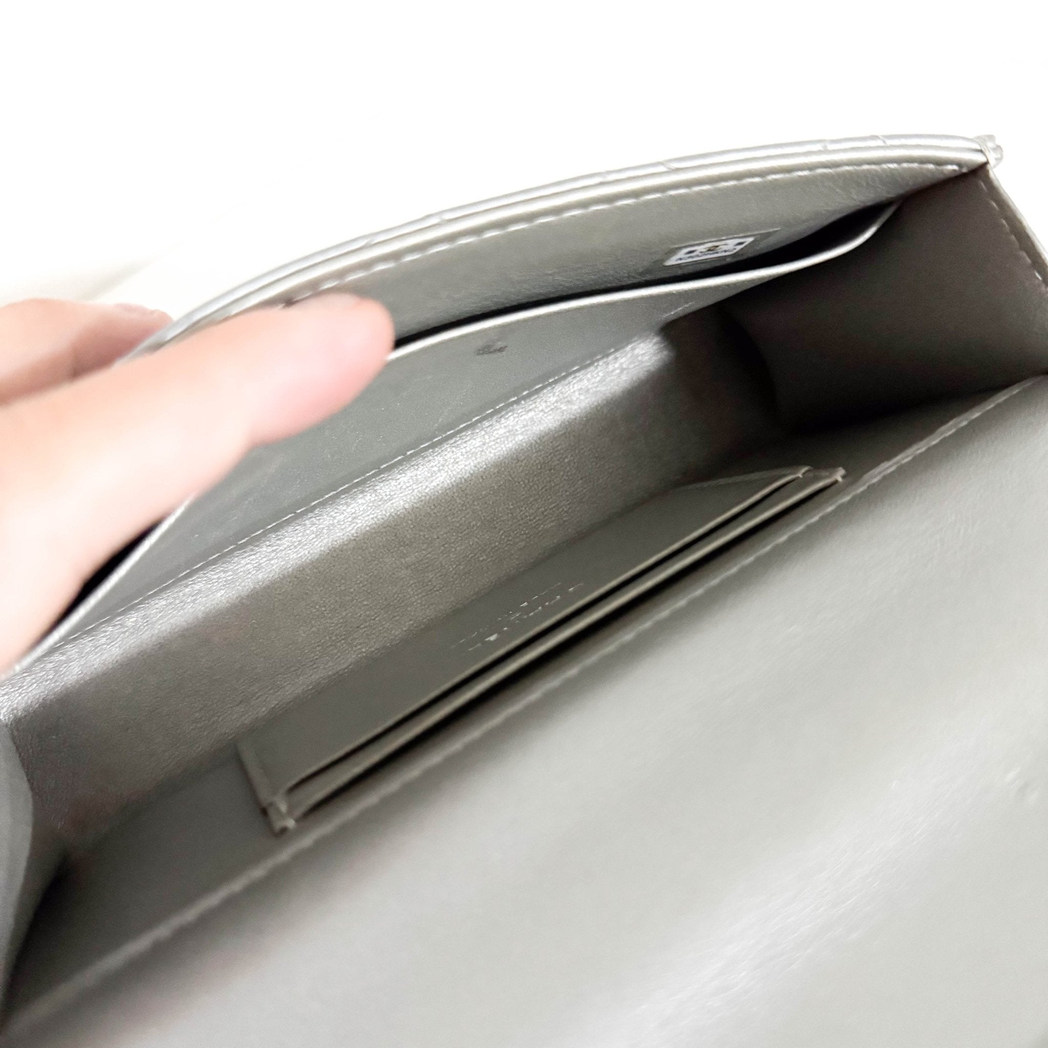 CHANEL Timeless Classic Top Handle Flap Silver Lambskin Mini Chain Wallet Shoulder Bag in  Sold by HIVE PRELOVED