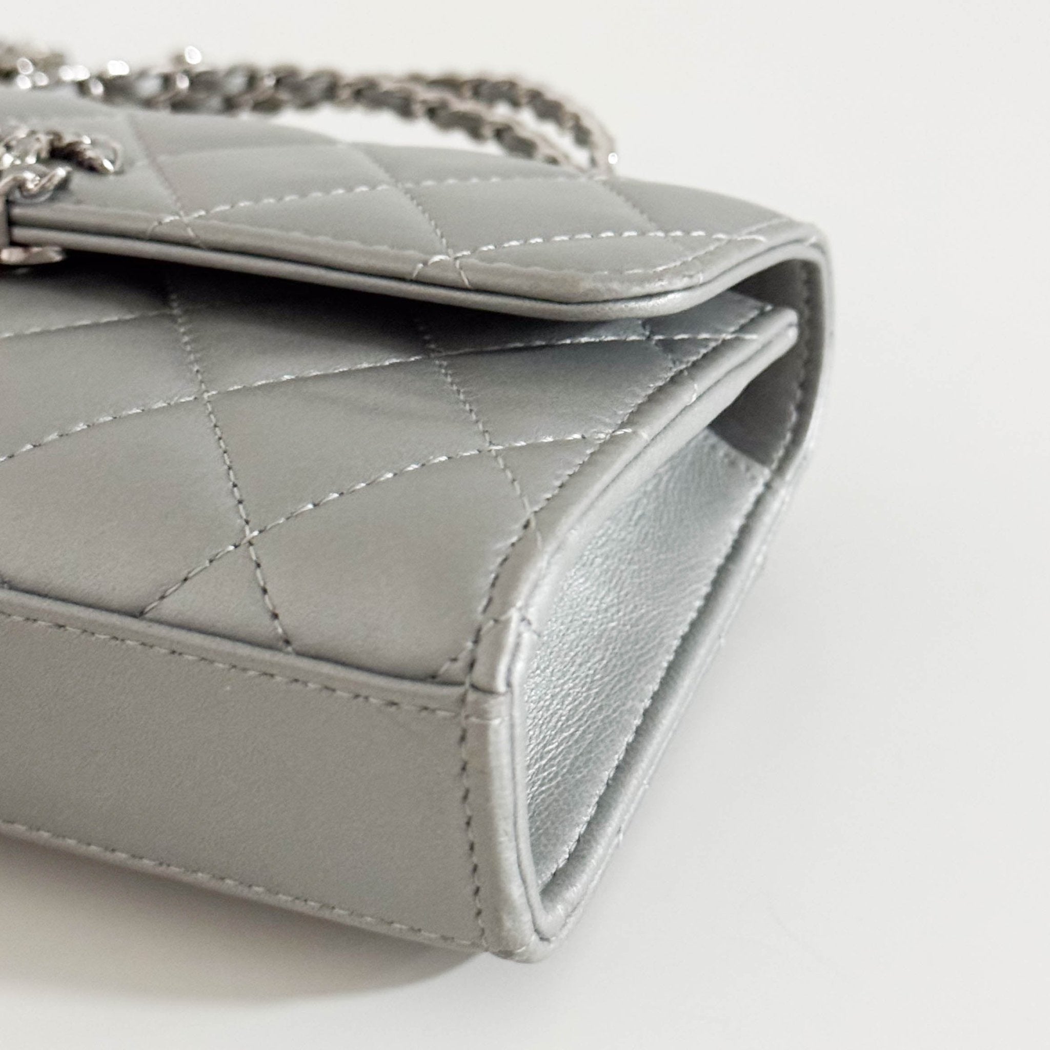 CHANEL Timeless Classic Top Handle Flap Silver Lambskin Mini Chain Wallet Shoulder Bag in  Sold by HIVE PRELOVED