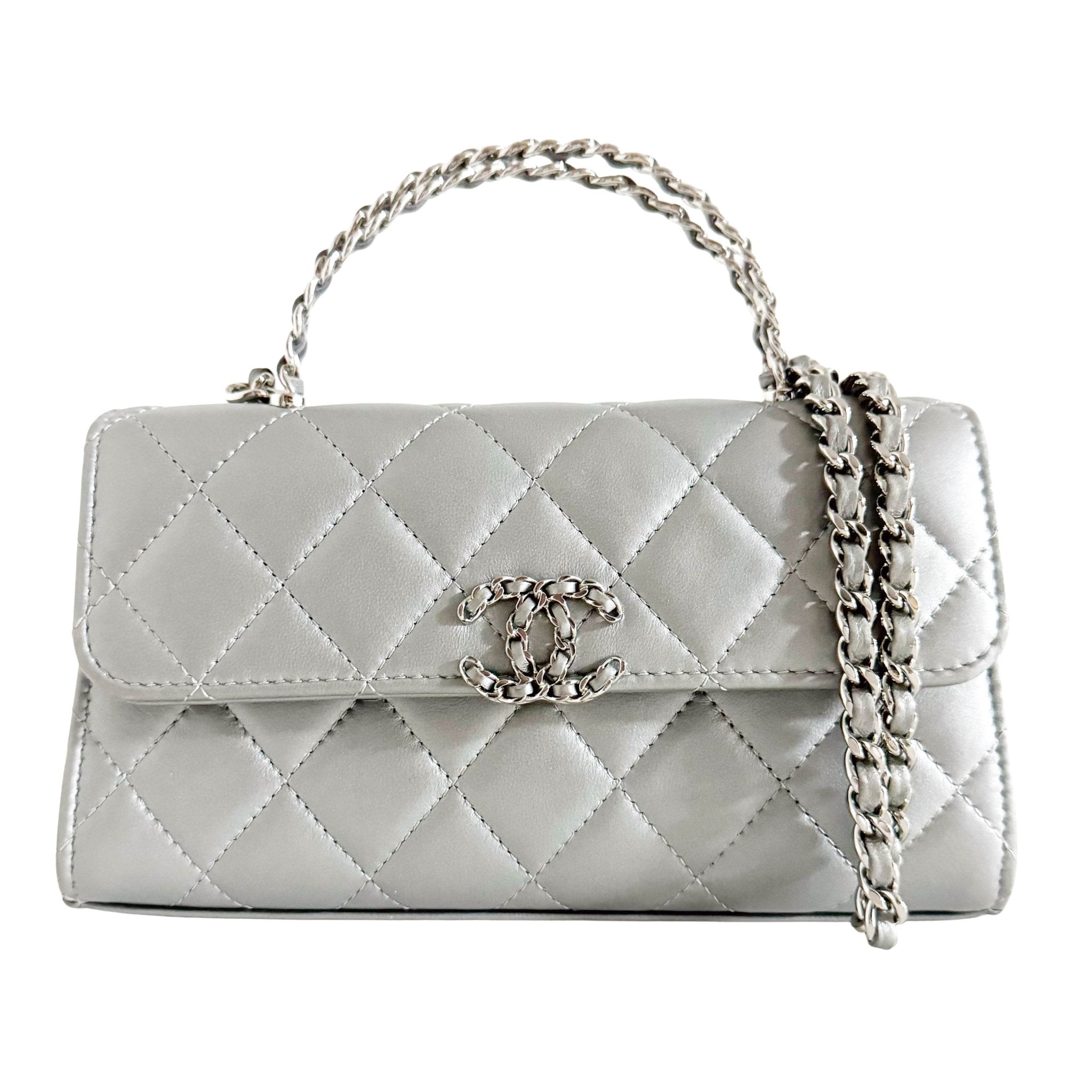 CHANEL Timeless Classic Top Handle Flap Silver Lambskin Mini Chain Wallet Shoulder Bag in  Sold by HIVE PRELOVED